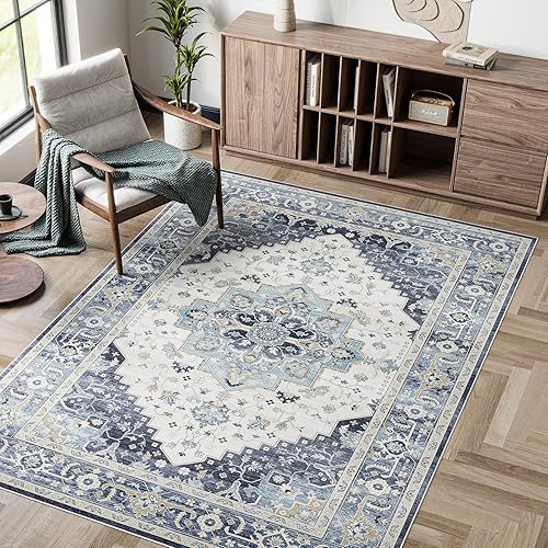 Dripex Vintage 5x7 Area Rugs - Boho Large Washable Area Rug for Living Room Bedroom Oriental Medallion Floral Print Floor Carpet Low-Pile Indoor Soft Non-Slip Accent Rug Farmhouse Home Office Decor