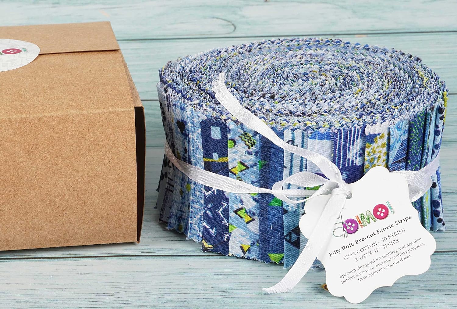Soimoi 40Pcs Geometric & Texture Print Cotton Precut Fabrics for Quilting Craft Strips 2.5x42inches Jelly Roll - Blue