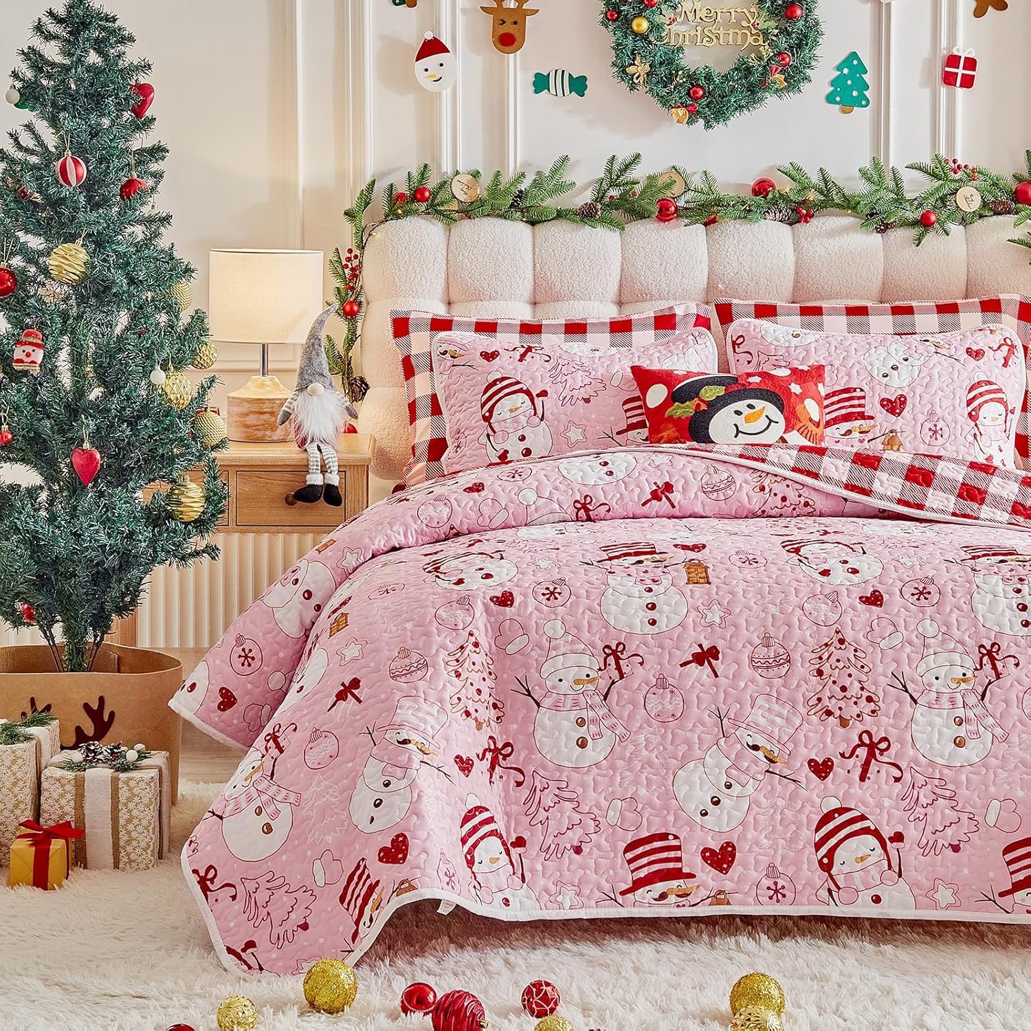 Christmas Quilt Set Twin Size 68x86 - Pink White Snowman n Cute Trees Hears with Red Plaid - Xmas New Year Gingham Style Microfiber Winter Bedding Coverlet Thanksgiving Holiday Bedspread for Girls