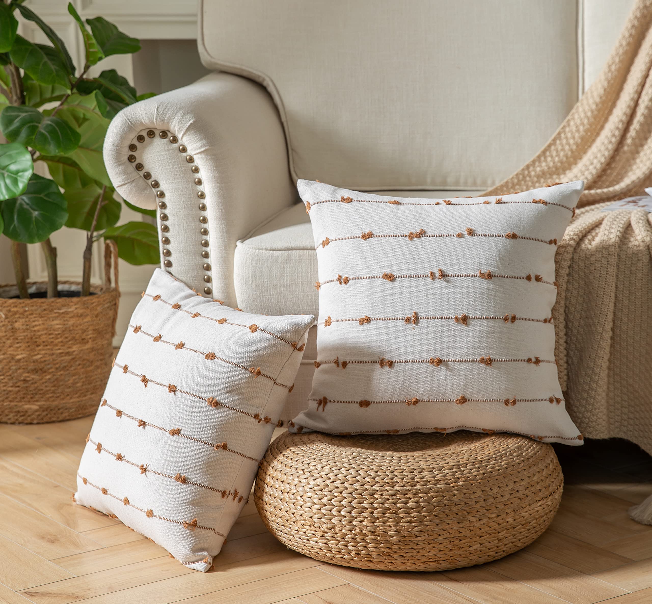 Emvency Kissenbezüge Set (2 Stück) – 45,7 X 45,7 Cm, Chenille-Stoff, Bauernhaus-Stil, Hellblau Gestreift