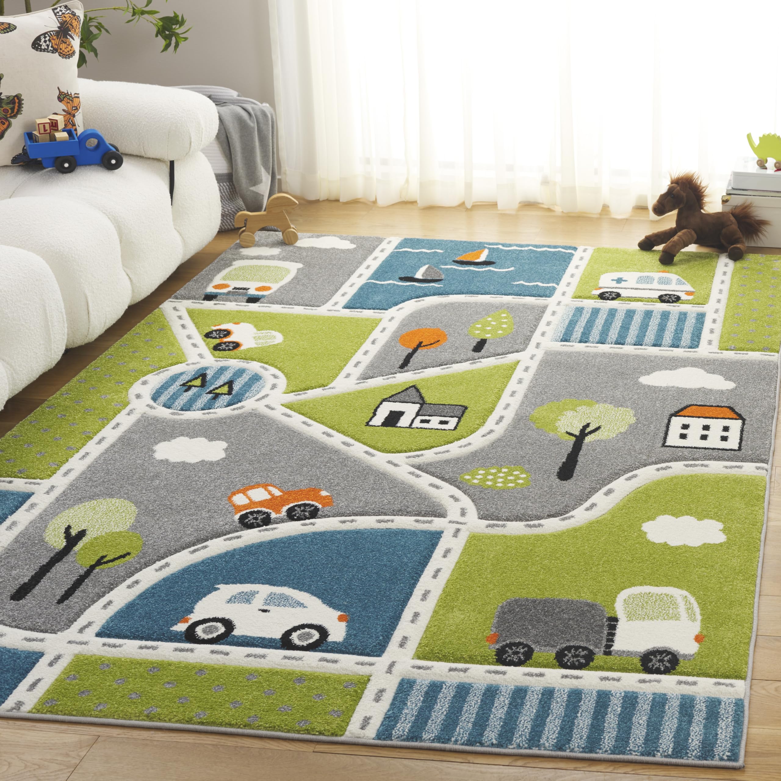 SAFAVIEH Area Rug 8x10 - Carousel Kids Collection - Large - Green & Grey, Non-Shedding & Easy Cleaning, Ideal for Boys & Girls in Playroom, Nursery,