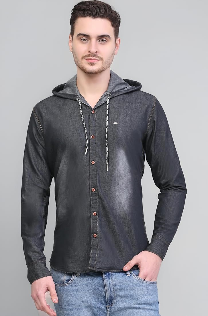 XL】Patches Hooded Zip Up Shirt Denim XL】Patches Hooded Zip Up