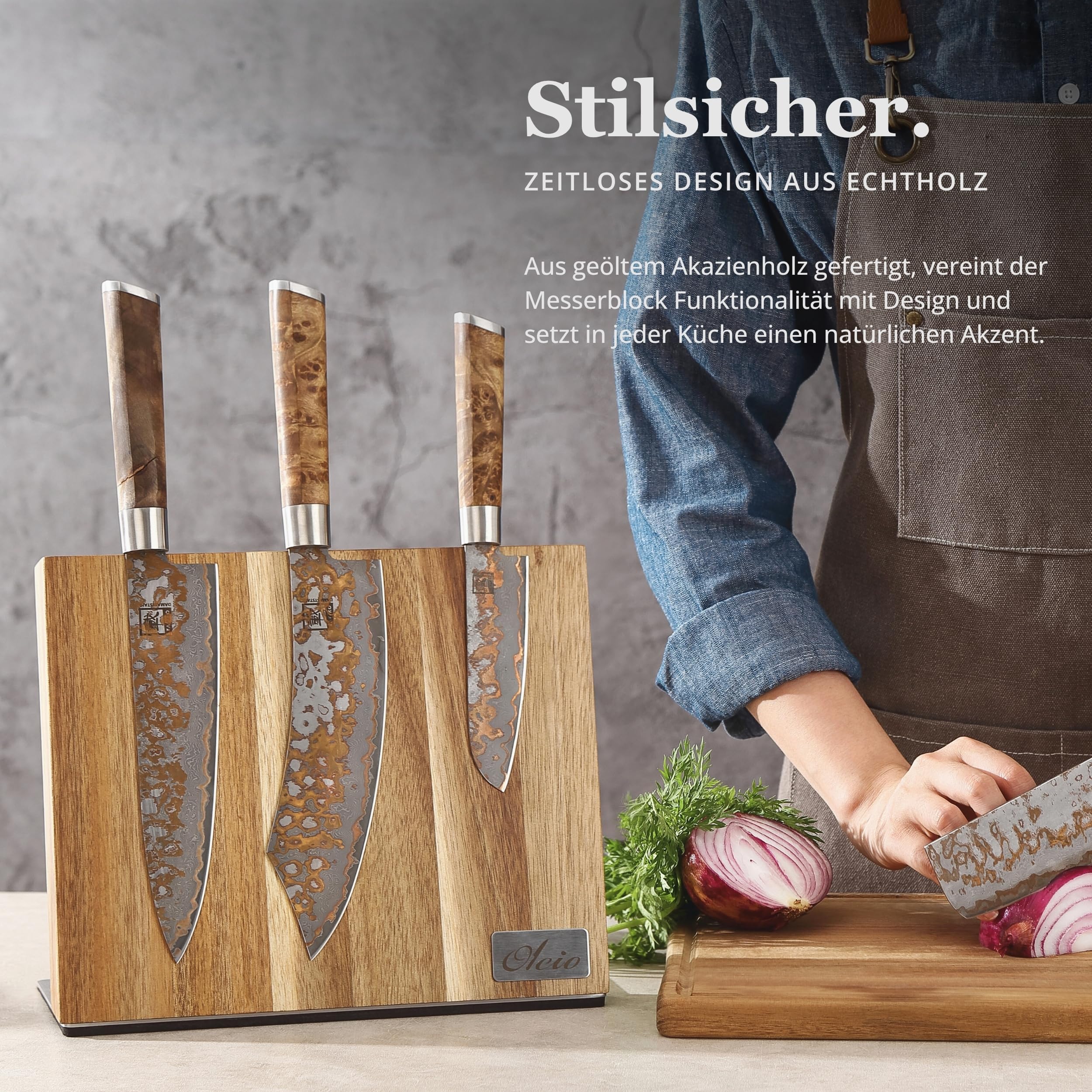 Oleio Magnetischer Messerblock - Küchen Organizer aus Akazienholz mit Magnetleiste für bis zu 6 Messer - Edelstahlsockel & rutschfester Unterlage - 3,8 cm stark Messerblock ohne Messer - Messerständer