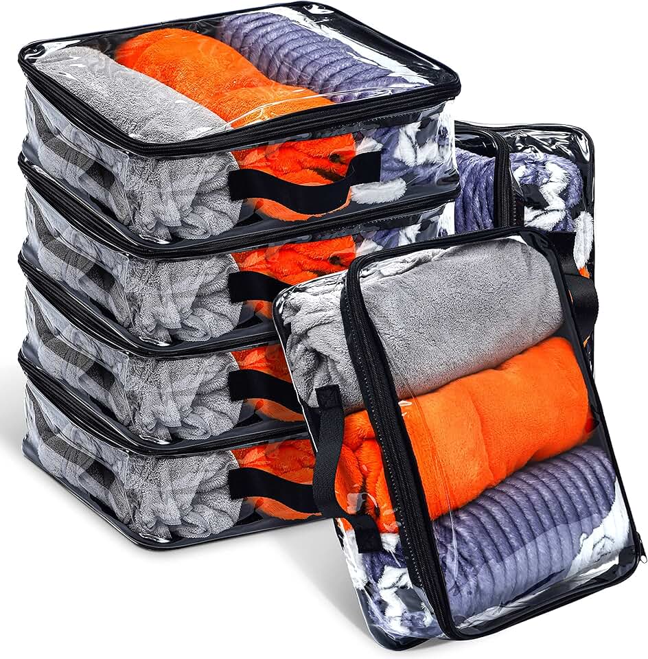 Hillban 6 Pieces Large Clear Travel Packing Cube Clear Vinyl Zippered Storage Bags See Through Moving Bag PVC Multipurpose Pouch with Handle for Suitcase Shirts Dress Storage (Black, 11.8 x 10.2 x 3.9 Inch)