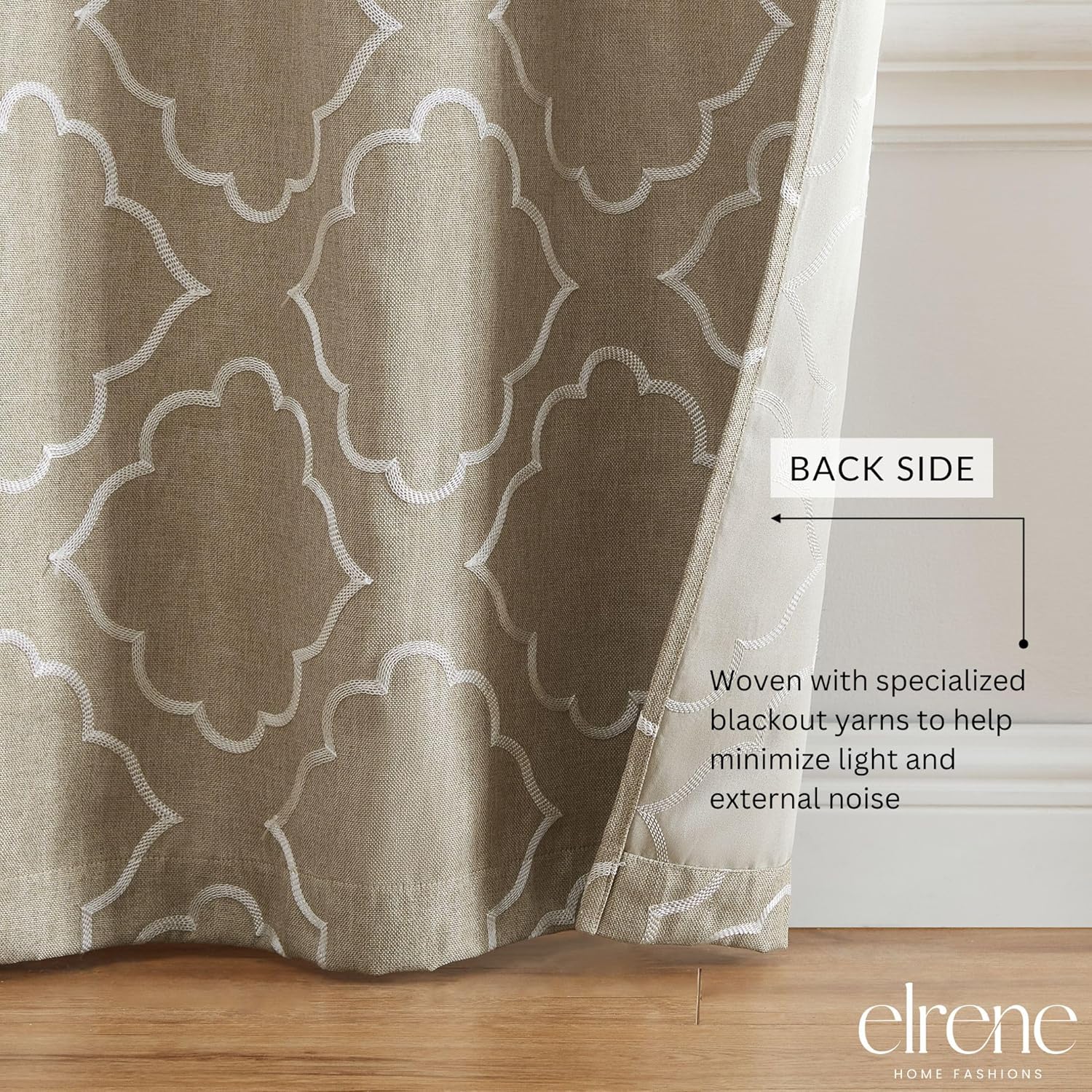 Elrene Home Fashions Valian Geometric Lattice Embroidered Thermal Blackout Window Curtain Panel with Grommets, Set of 2, 37"x84", Tan