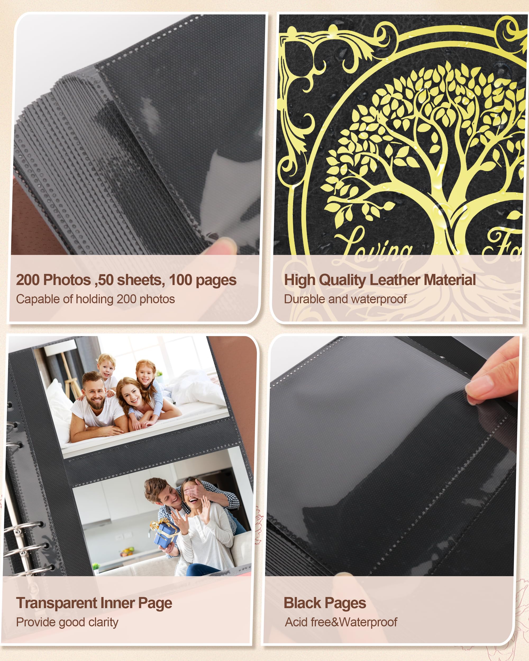 Álbum de fotos de cuero de 4 x 6 pulgadas, 200 fotos, libro de fotos con 50 páginas, álbum de recuerdos vintage para familia, boda, aniversario, bebé, vacaciones, árbol genealógico