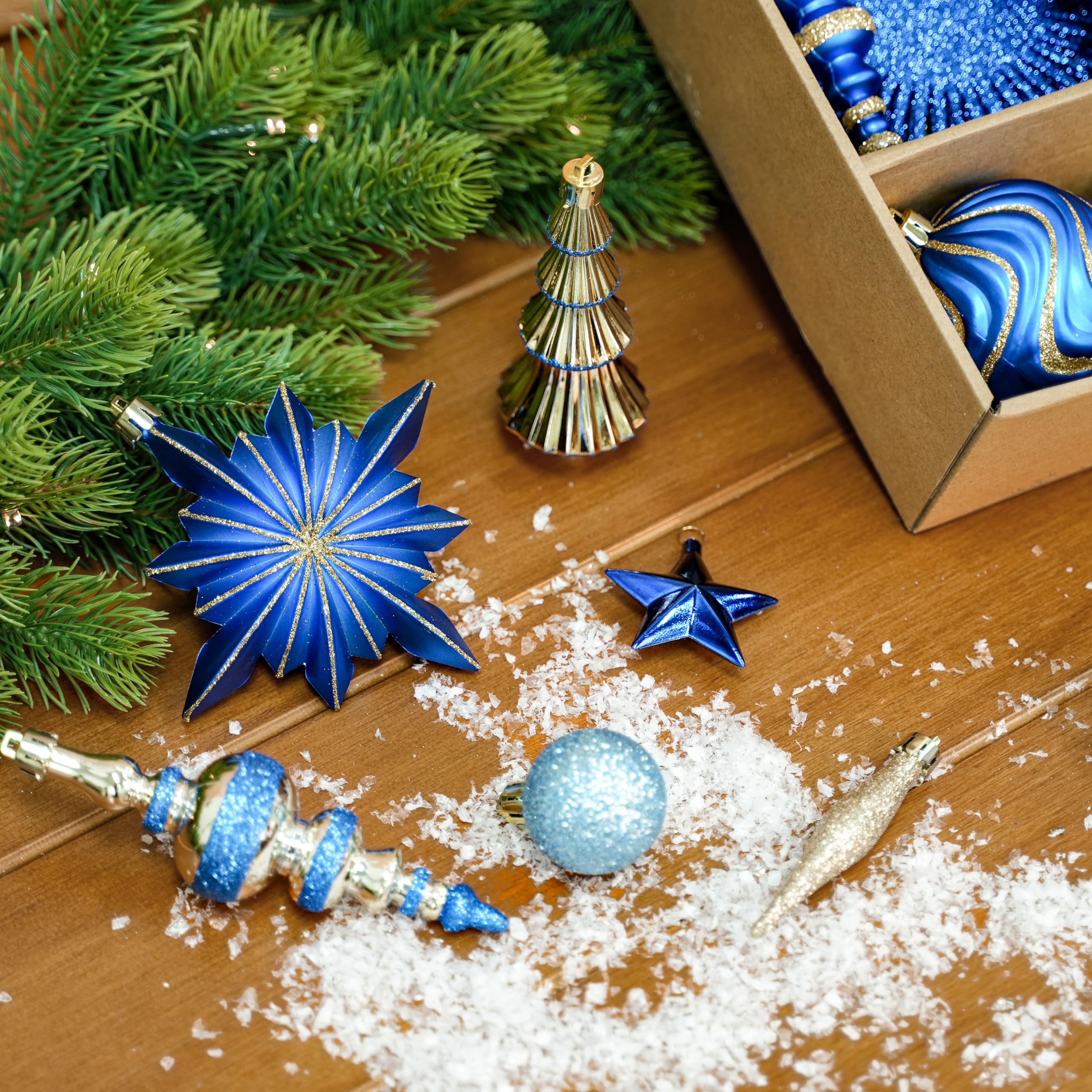 Alupssuc 80pcs Weihnachtskugeln Kunststoff Set,Bruchsichere Plastik Weihnachtsschmuck für Weihnachtsbaum Urlaub Hochzeit Party Dekorationen mit Hängenden Schnüre Moderner Leichter Luxus Blau und Gold