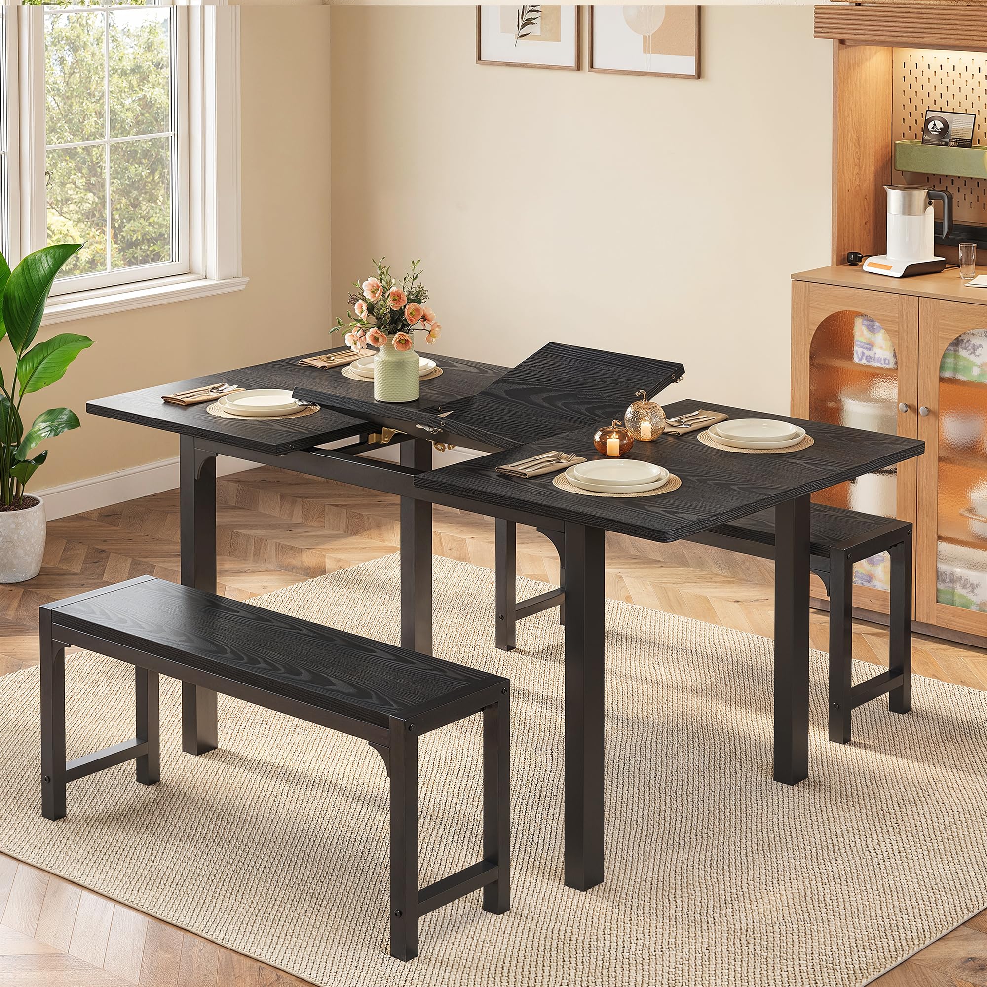 Ahomly Dining Table Set for 4-6 with Bench, 63“ Large Extendable Kitchen Table Set, Dining Room Table with Metal Frame & MDF Board, Perfect for Small