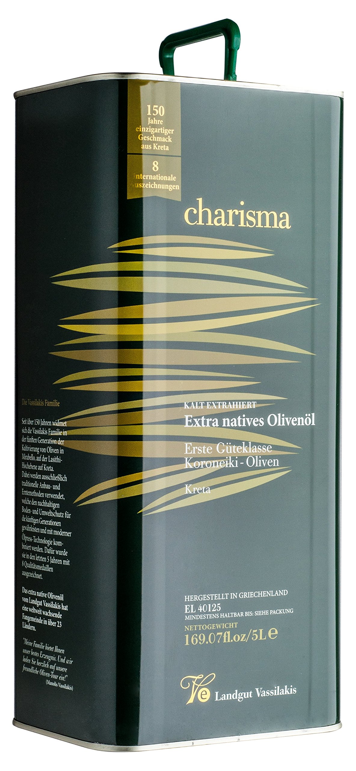 Premium Olivenöl Charisma 5 Liter, Extra nativ, Säuregehalt unter 0,4%, Sortenrein, Kaltgepresst, Vassilakis Olivenöl aus Kreta