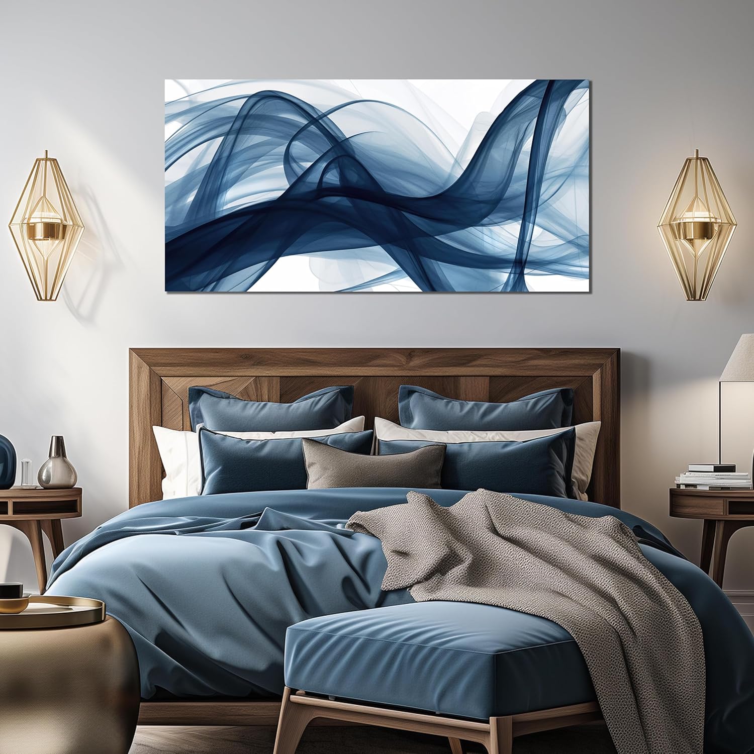Blue and White Wall Art for Office Modern Prints Decor Living Room Large Abstract Canvas Wall Art Bedroom Size 29" x 58"