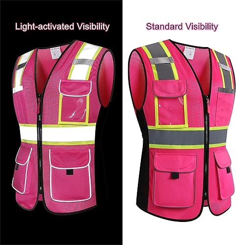 Miniatura 3 de Chaleco de seguridad para mujeres, chaleco de trabajo reflectante de alta visibilidad con 9 bolsillos múltiples y cremallera