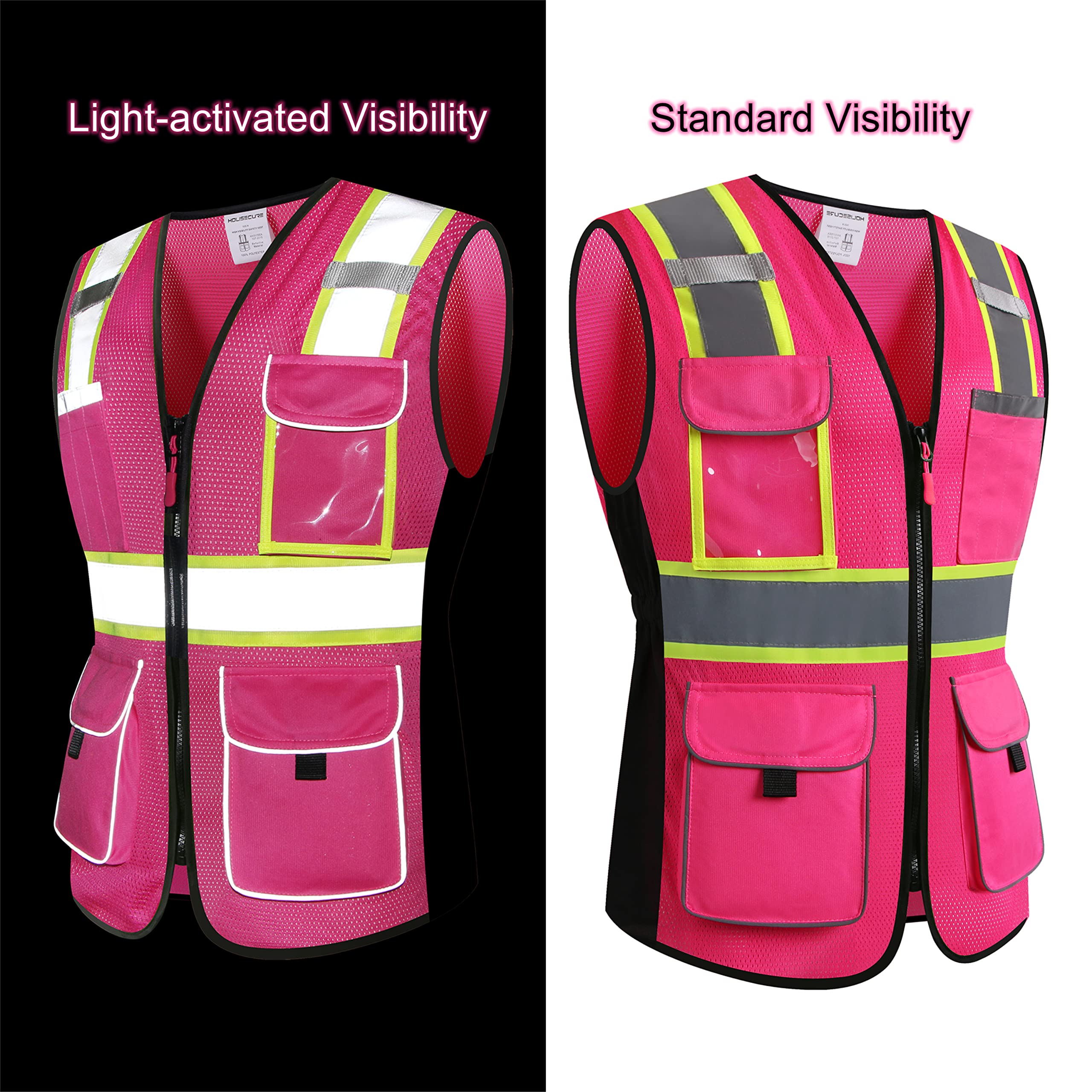 Chaleco de seguridad para mujer, reflectante de alta visibilidad con 9 bolsillos múltiples y cierre