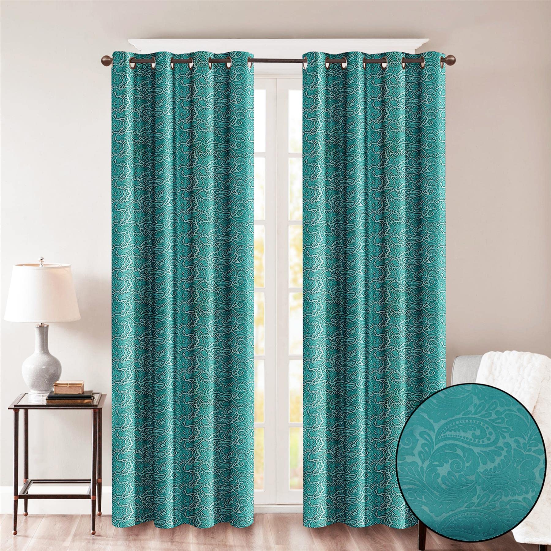 Roseley Embossed Eyelet Curtains Leafy Paisley Patterns Elegant Blackout Living Room Bedroom Dimout Window Treatment (Teal, 46'' x 54'')