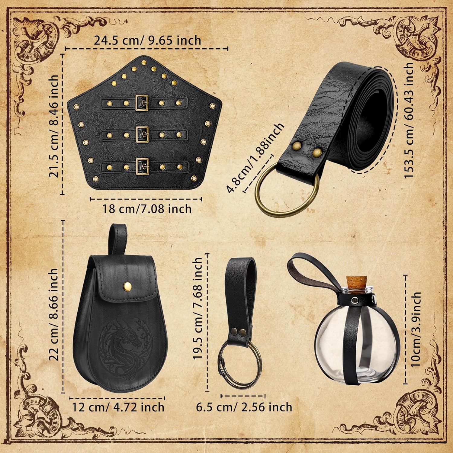 6 Pcs Renaissance Accessories Medieval Vintage Belt and Leather Bracers Viking Costume Set for Halloween and Cosplay - Image 7