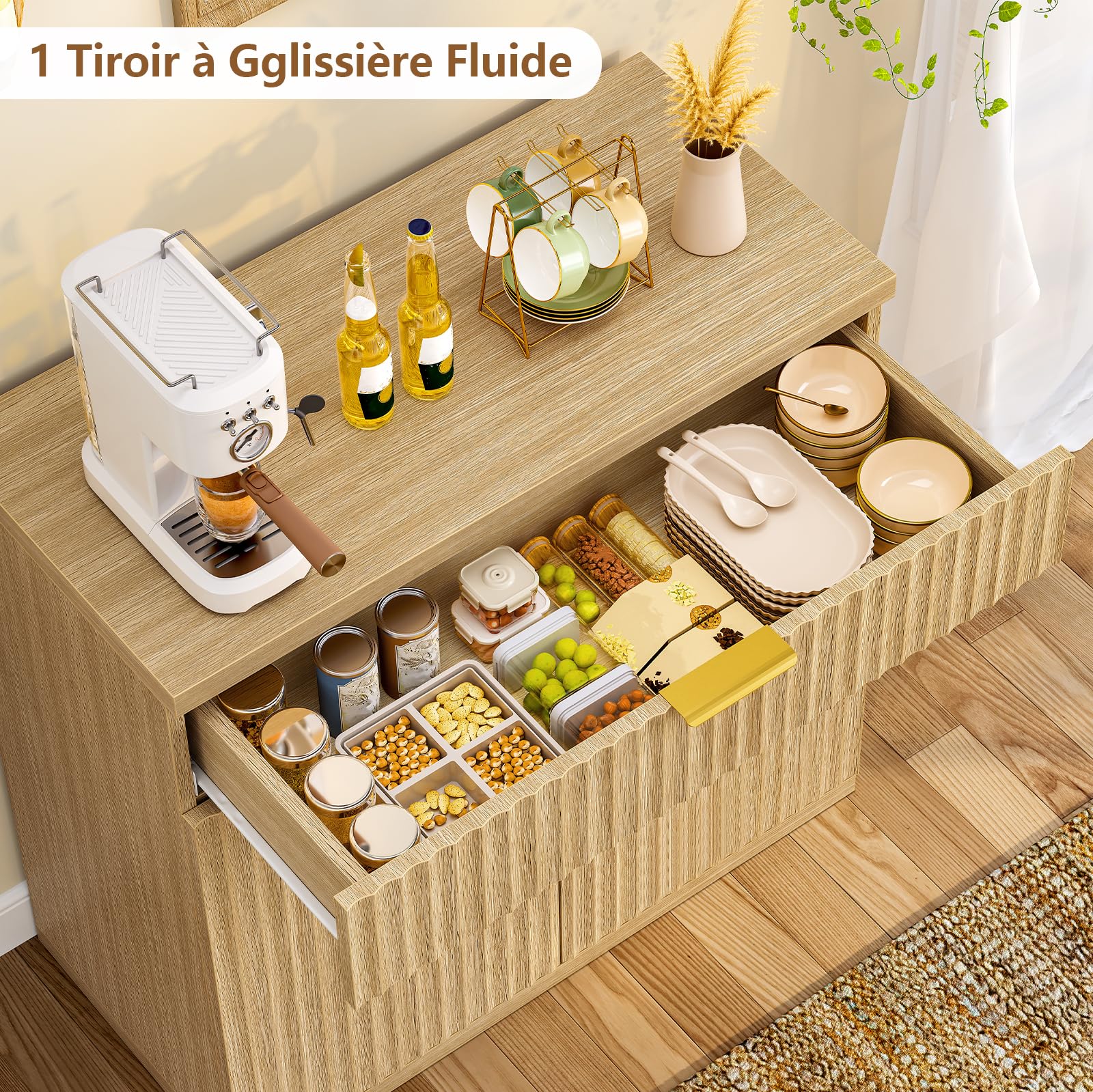 TEENFON Buffet Salle a Manger Cannelé, Meuble de Rangement avec Tiroir et Étagère Réglable, Buffet Cuisine en Bois Naturel, Poignées Dorées, idéal pour Cuisine, Salon, entrée – 80 × 38 × 80 cm