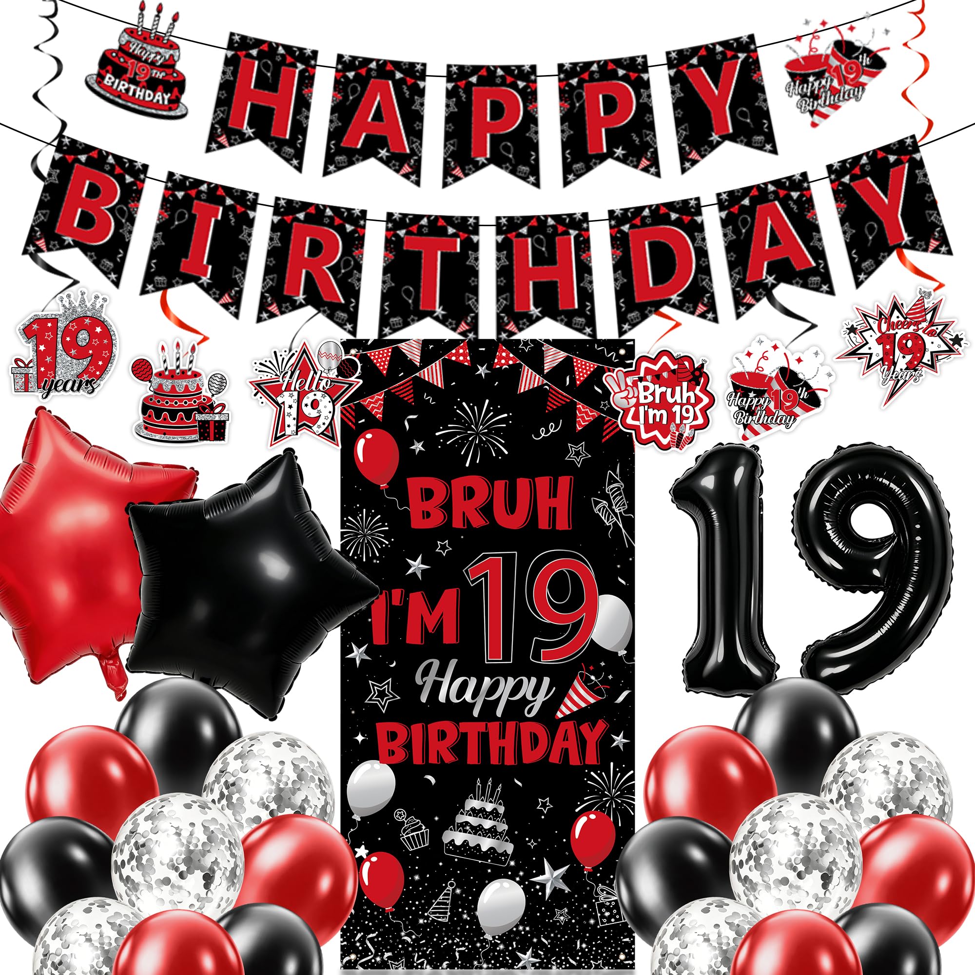 19th Birthday Decorations for Boys, 30 Pcs Red and Black Party Supplies, BRUH I’M 19 Banner, Balloons, Hanging Swirls for 19 Year Old Boy Teenage Party Decor — image 1