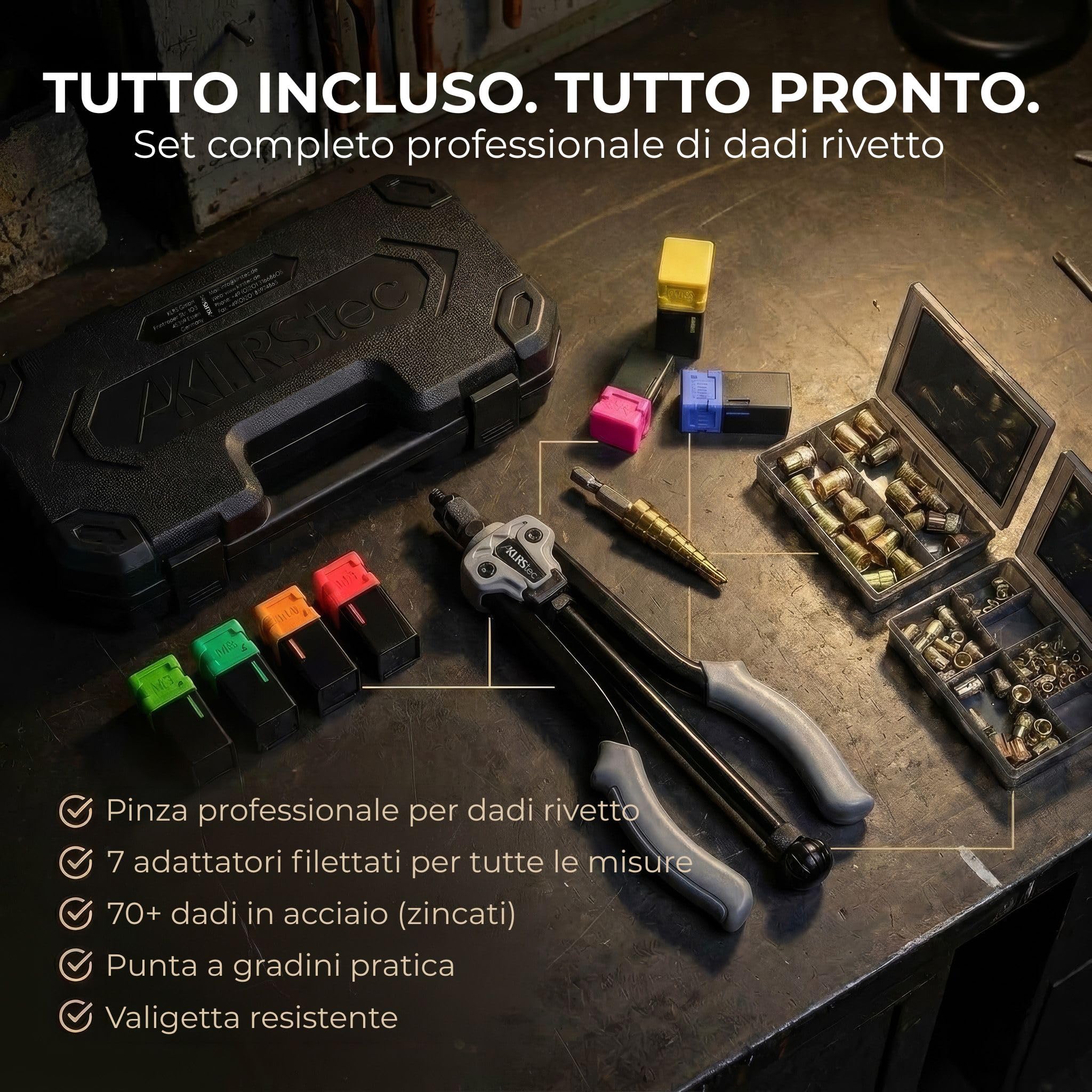KLRStec Professional Rivettatrice per Inserti Filettati Set [M3-M12] Pinza Semiautomatica per Lavoro Più Veloce incl. 70 Inserti Filettati, Punta a Gradini e Valigetta - Kit Pro Dadi a Rivetto