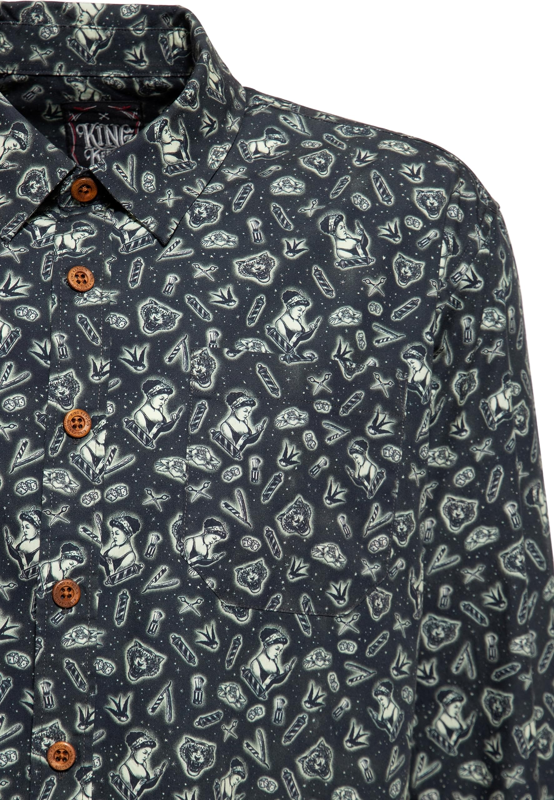 King Kerosin Camisa de manga larga para hombre con estampado integral, moda de playa, camisa de verano, retro