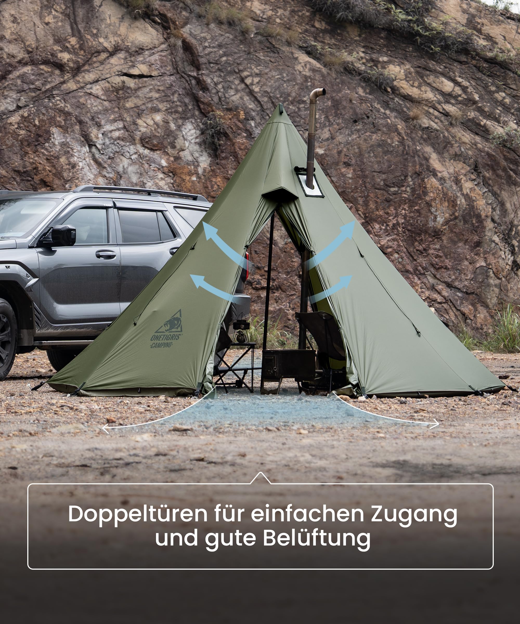 OneTigris Rock Fortress Tipi Tienda de campaña para 4-6 personas, tienda piramidal con barra para tienda de campaña para 4 años, 3000 mm de columna de agua para exteriores, camping, senderismo