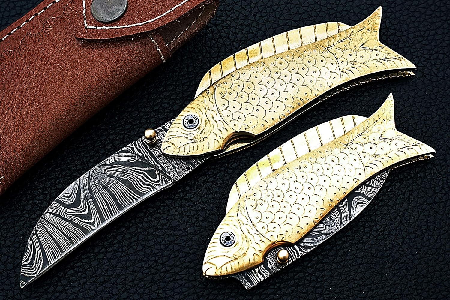 Smart & Sharp Custom Handmade Damascus Steel Fish Knife/Folding Knife/Pocket Knife SS-17370(Brass Engraved Handle)