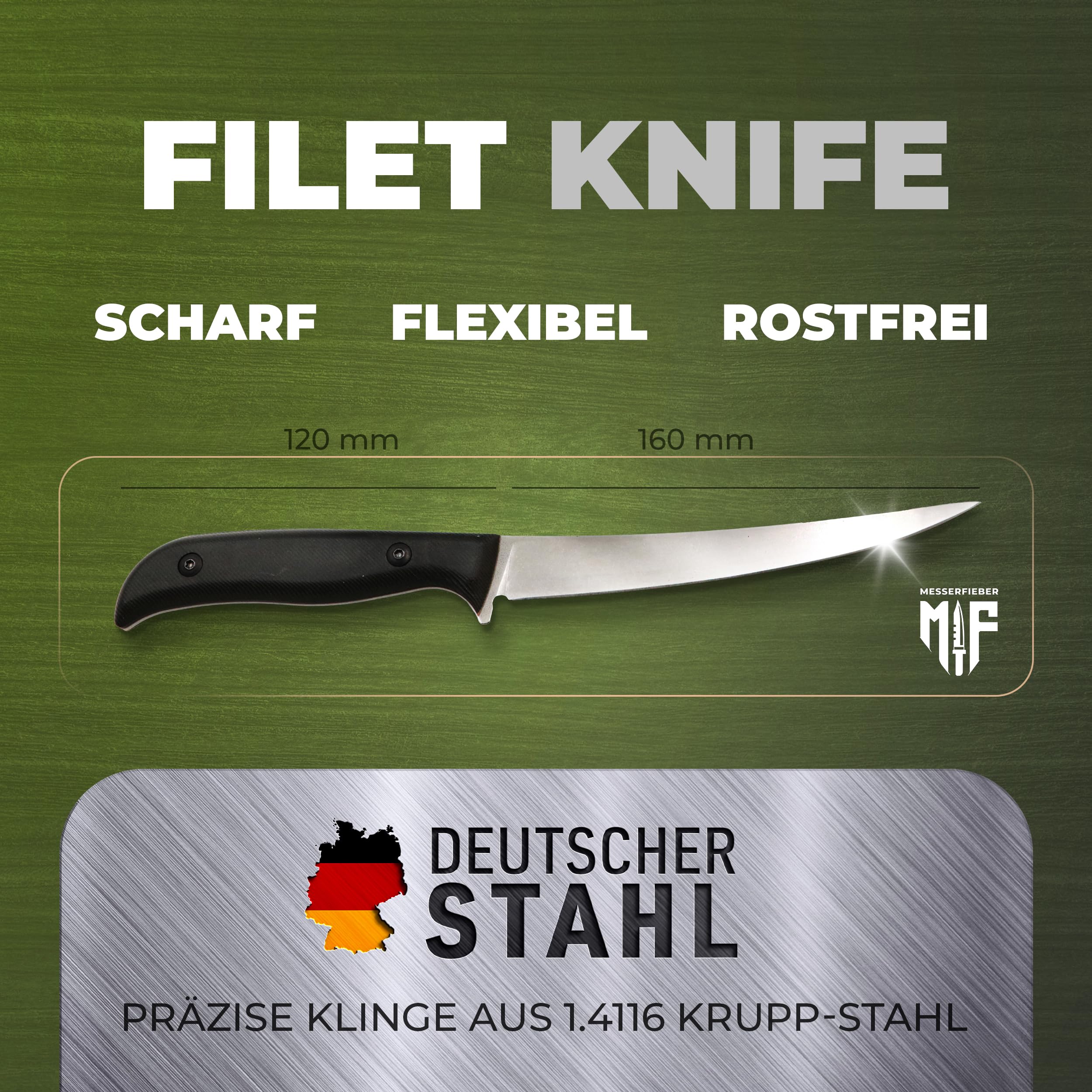 Messerfieber® Filetiermesser 16 cm [Mit Edelstahlklinge & T10-Griff] – inkl. Kydex-Scheide – Filetiermesser für Fisch & Fleisch – Ausbeinmesser für Küche, BBQ & Outdoor (Handgefertigt & Rostfrei)