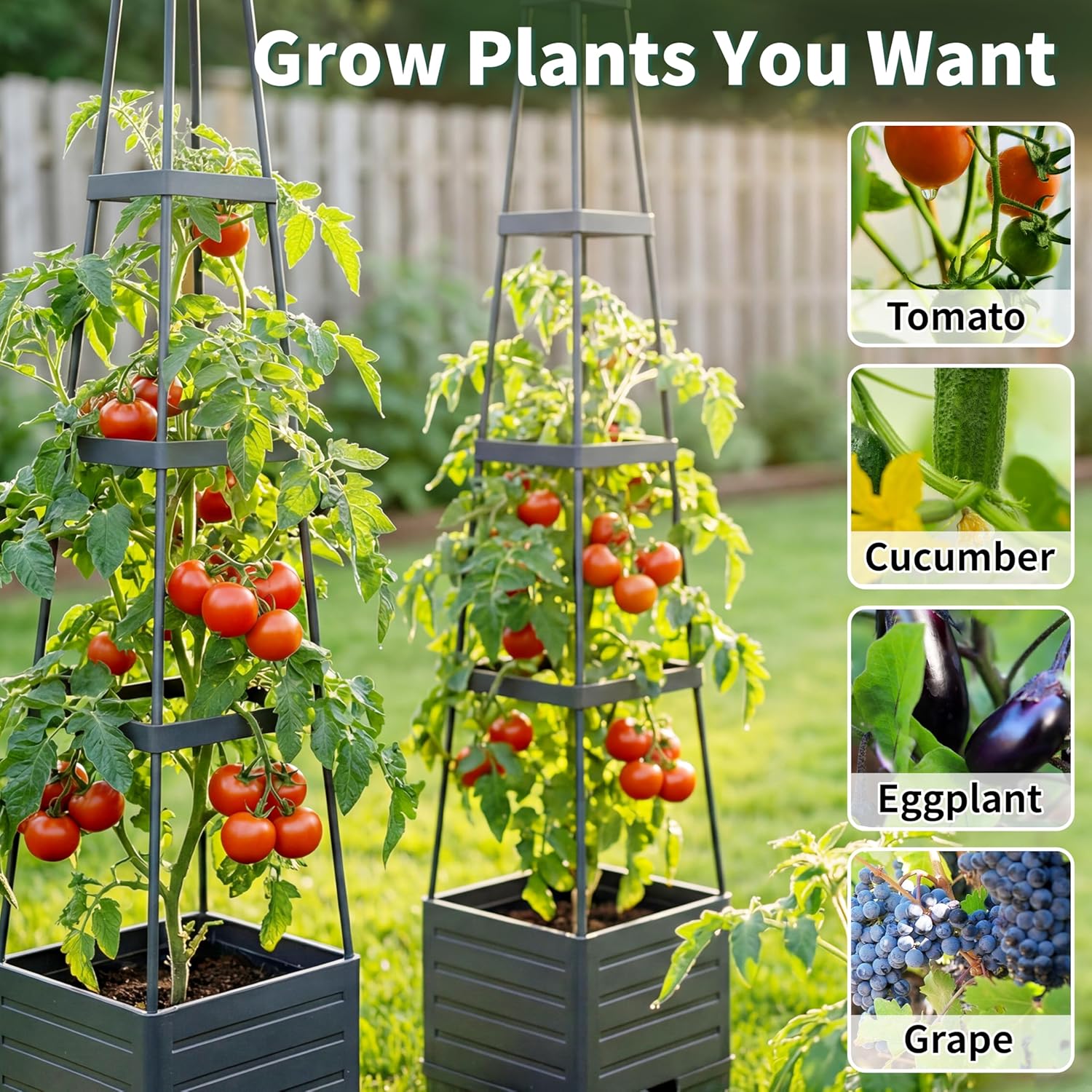 SYITCUN Tomato Planter with Trellis, 57 Inch Self-Watering Planter Box 2-Pack, Grey Planter with Metal Support for Outdoor Indoor Climbing Plants