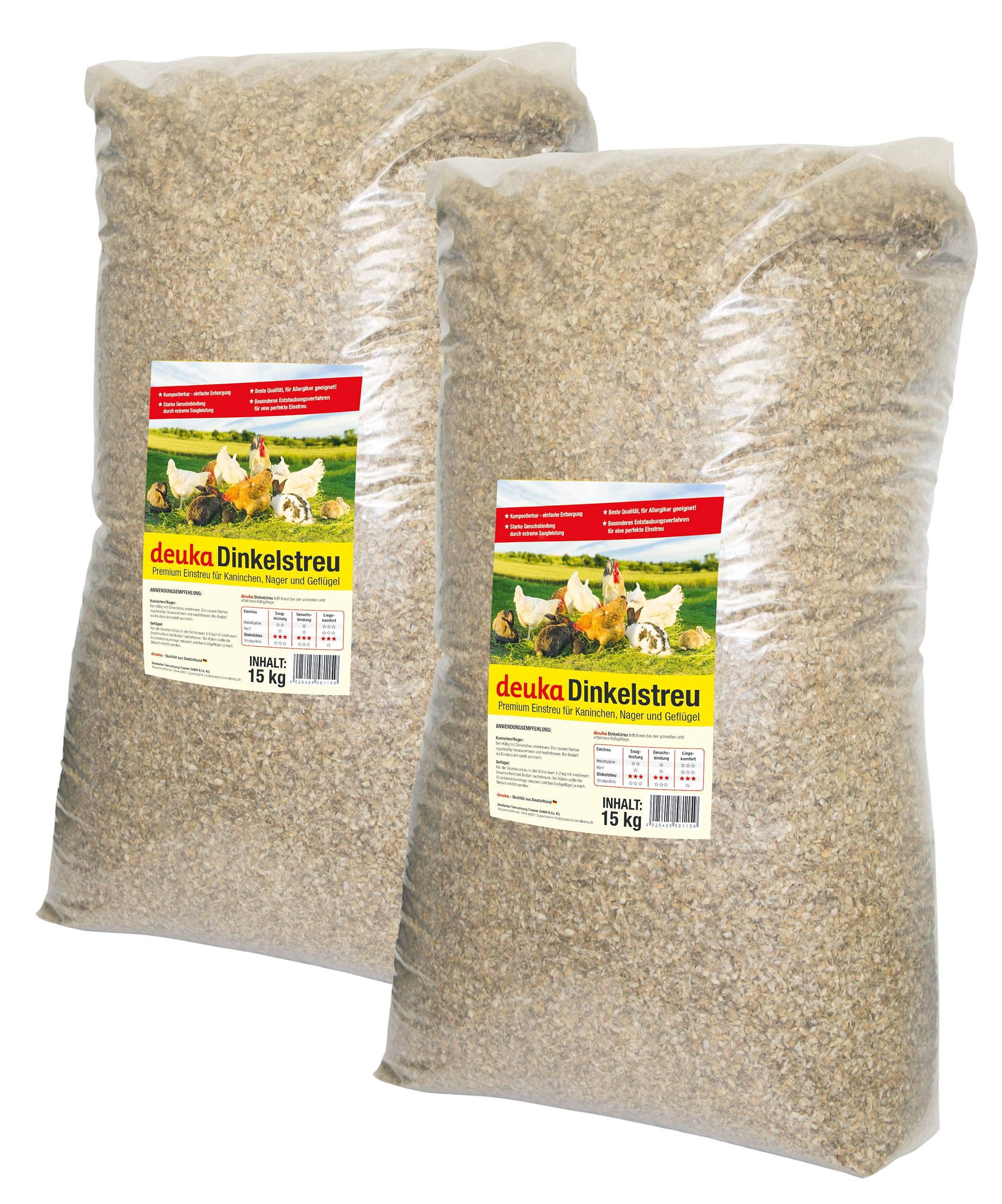 TOP-Futtermittel Dinkelstreu | Staubarme Premium-Einstreu für Kaninchen, Nager & Geflügel | Hohe Saugkraft & Starke Geruchsbindung | Naturprodukt, kompostierbar | 2×15 kg