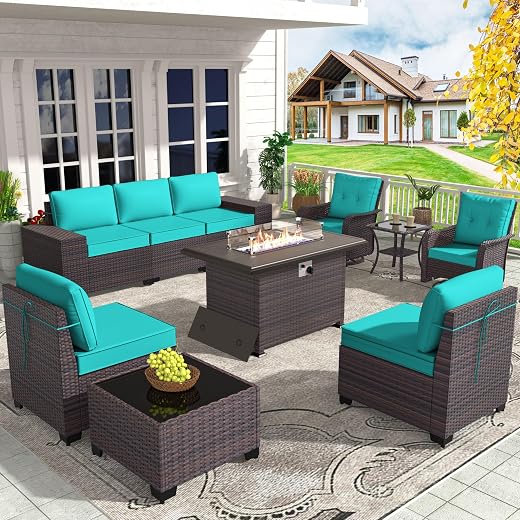 Patio Furniture Set 10 Pieces Outdoor Furniture Patio Conversation Set w/43in 55000 BTU Propane Fire Pit Table,PE Rattan Wicker 10 Pcs Outdoor Sofa Set w/Swivel Rocking Chairs,Red
