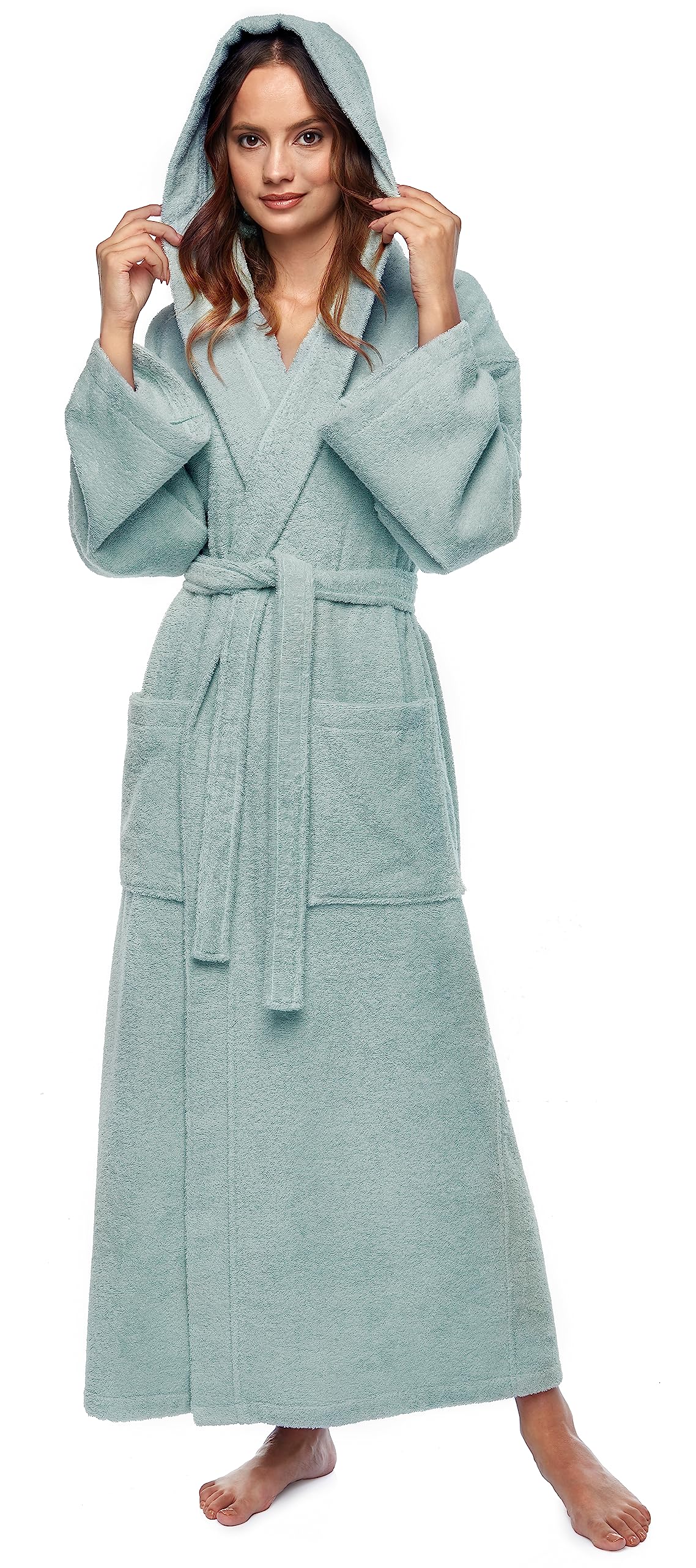 Arus Women's Sea Foam `S Bathrobe With Hood, Calf Length, 100% Cotton Terry Towelling, Xs-S
