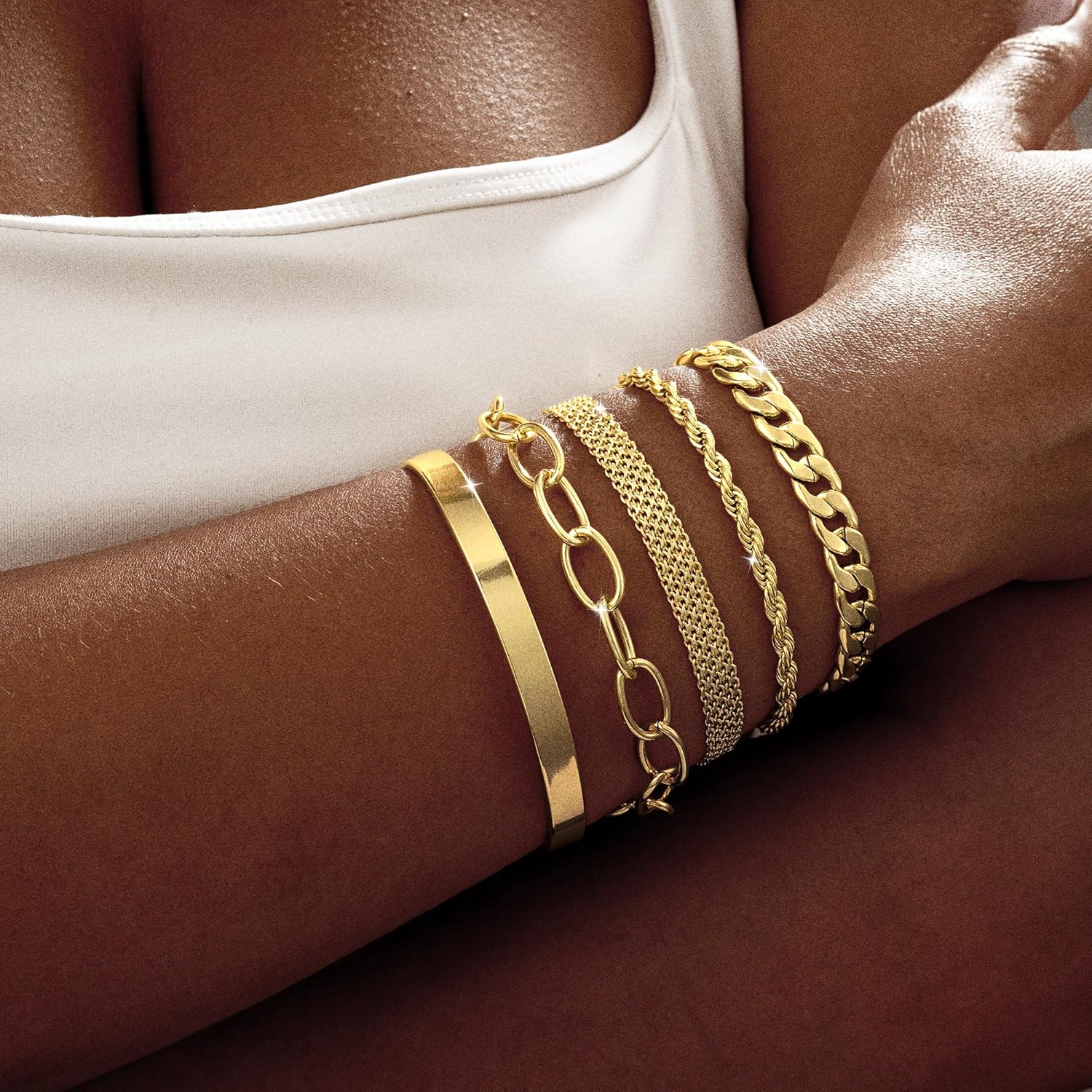 Chunky Gold Bracelets for Women Non Tarnish 14k Gold Plated Womens Gold Bracelet Stack Layered Cuban Rope Mesh Paperclip Cuff Bracelets Waterproof Jewelry Gifts - Image 5