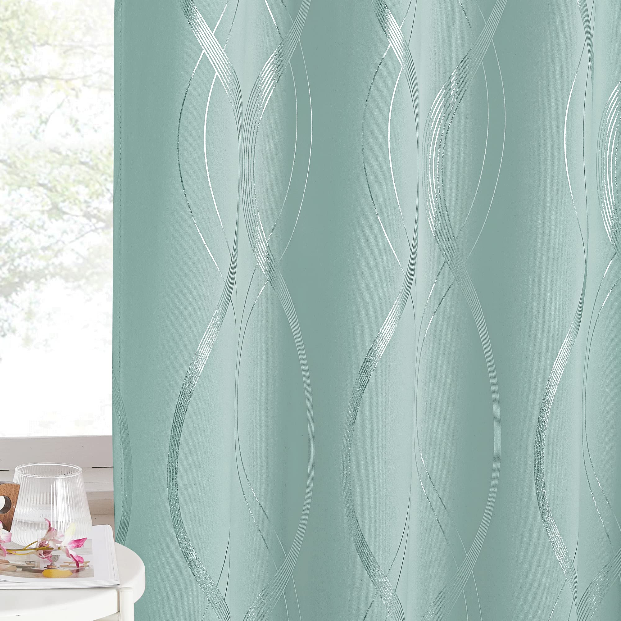 NICETOWN Aqua Blue Foil Print Curtains 90 inch Long for Patio, Wave Silver Line Pattern Drapes Contemporary Style for Elegant Home Decoration, W52 x L90 inch, 2 Panels-image-33