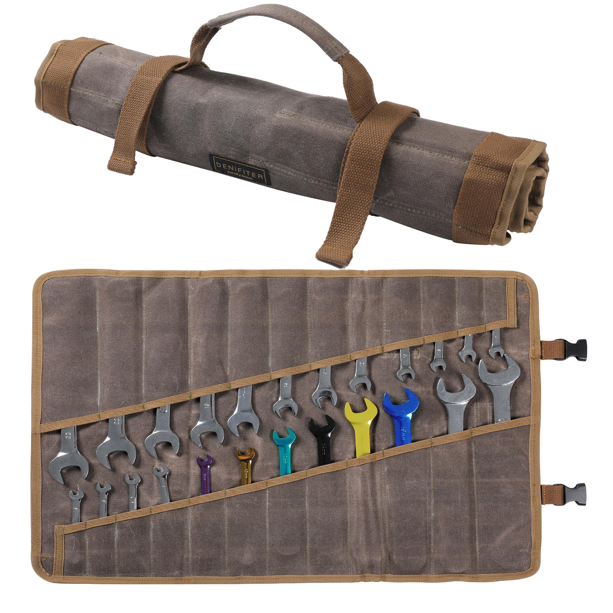 Tool Roll Bag with 24 Pockets, Heavy Duty 16oz Waxed Canvas Tool Pouches with Buckle, Wrench Roll Organizer Metric & SAE - Tool not Included