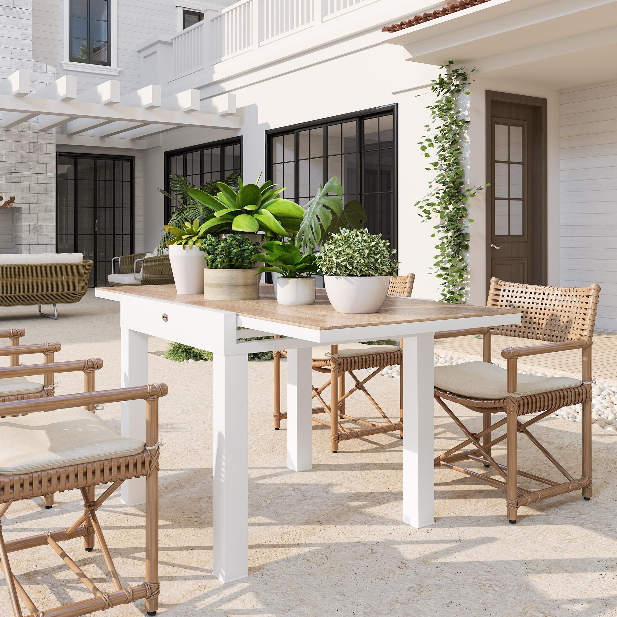 Outsunny Tavolo da Giardino Allungabile da 80/160x80x75 cm, Tavola da Pranzo Estensibile per 4-6 Persone Rettangolare in Alluminio con Piano in PSPC, Per Patio, Terrazzo, Balcone ed Esterno, Bianco