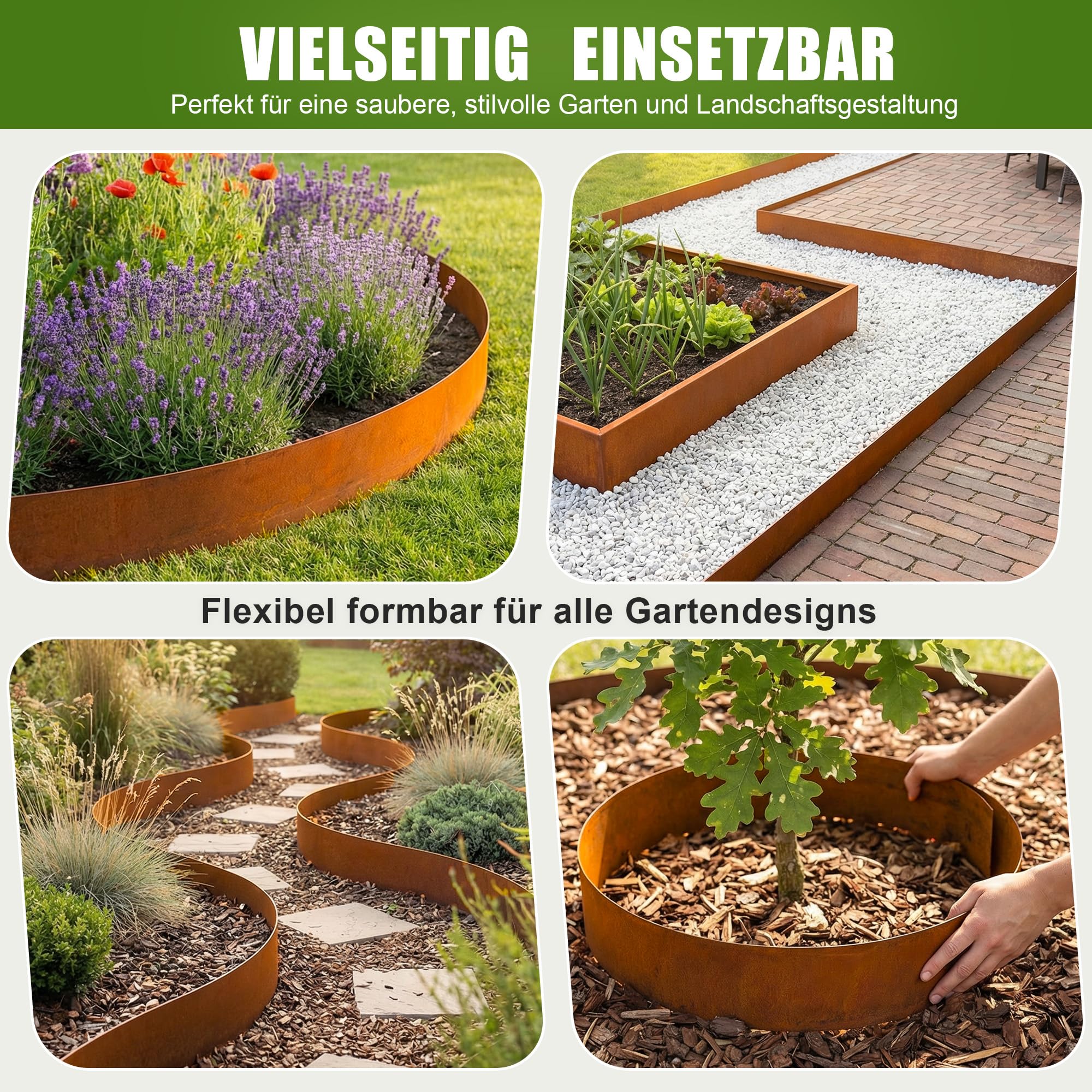 Enhon Borde de césped de Acero Corten, 10 m, Borde de Metal para parterres, 15,5 cm de Alto, Flexible y cortable; para diseño de Jardines, Bordes de césped, parterres, Caminos de Grava