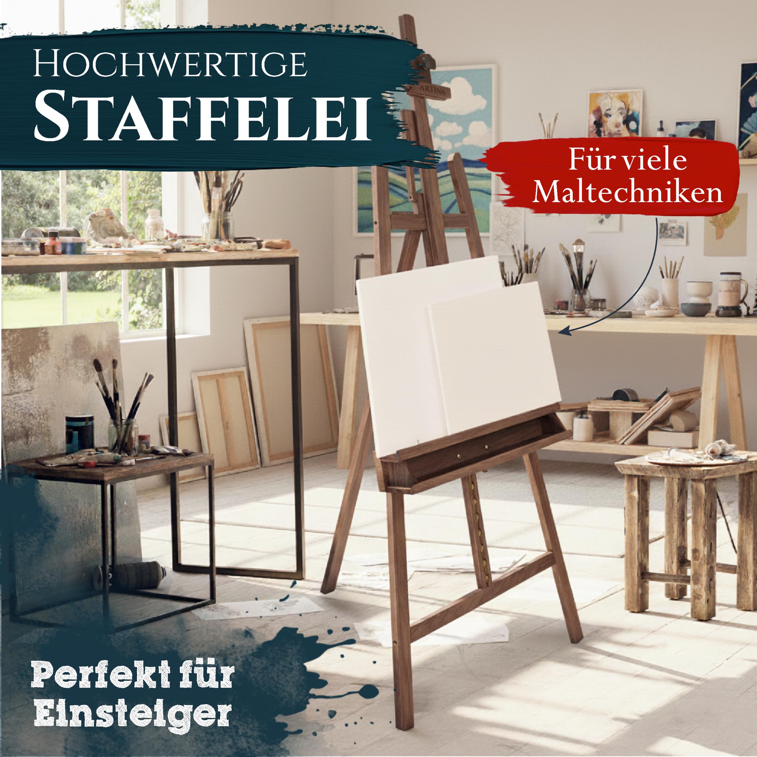 Artina 30tlg. Malset mit Staffelei Acrylfarben Keilrahmen für Leinwände | inkl. Holz Nußbaum-Optik Pinsel bis 120cm Künstler Set Einsteiger Barcelona Santorini