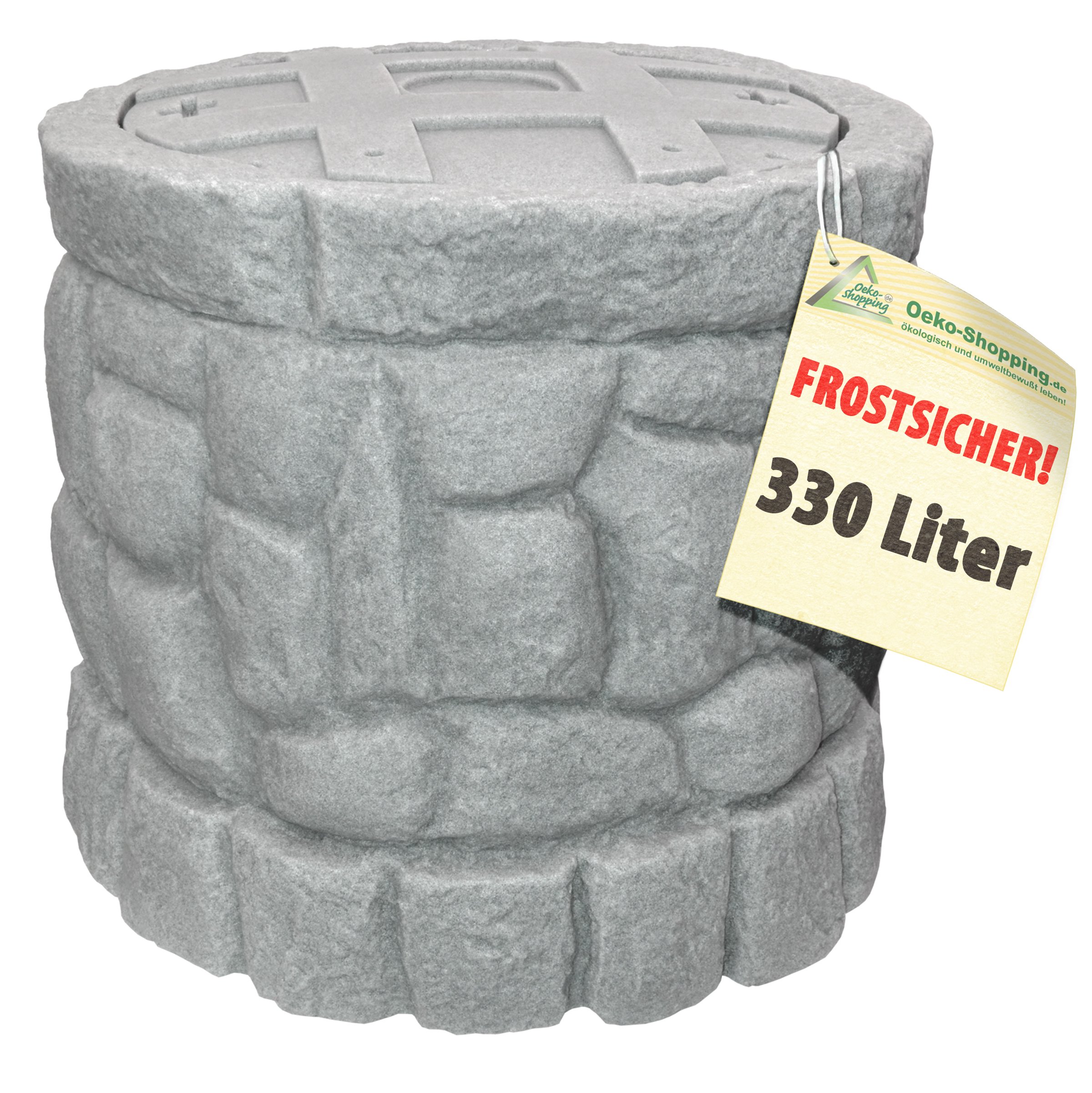 Sonderpreis! Regentonne Regenfass Regenspeicher Regenwassertonne Märchenbrunnen 330l mit Wasserhahn und stabilem Deckel (Granit-grau)