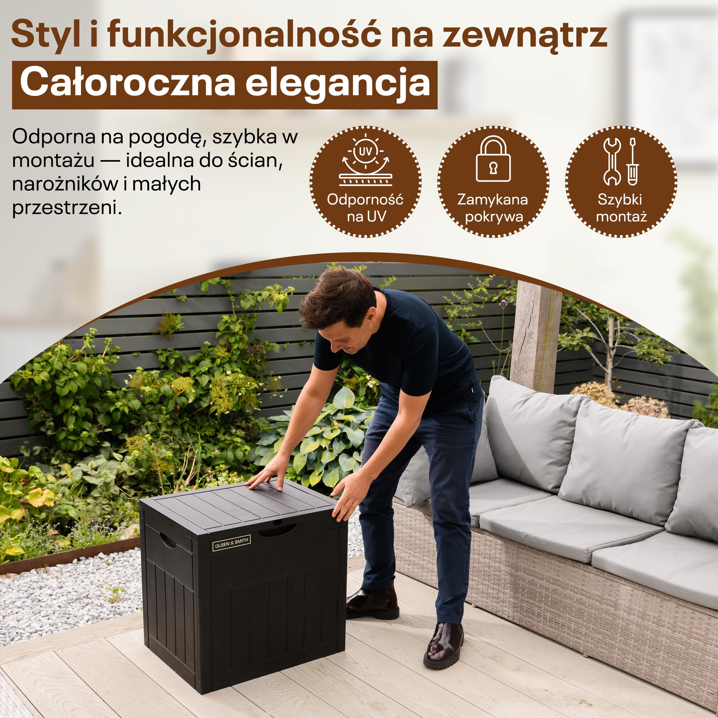 Olsen & Smith – Ogrodowa Skrzynia 126L | Wodoodporna i Odporna na Warunki Pogodowe | Zamykana Plastikowa Skrzynia | Pojemnik na Poduszki do Ogrodu, Na Balkon i Taras | Odporna na warunki atmosferyczne, efekt drewna, czarna skrzynia na poduszki, narzędzia,