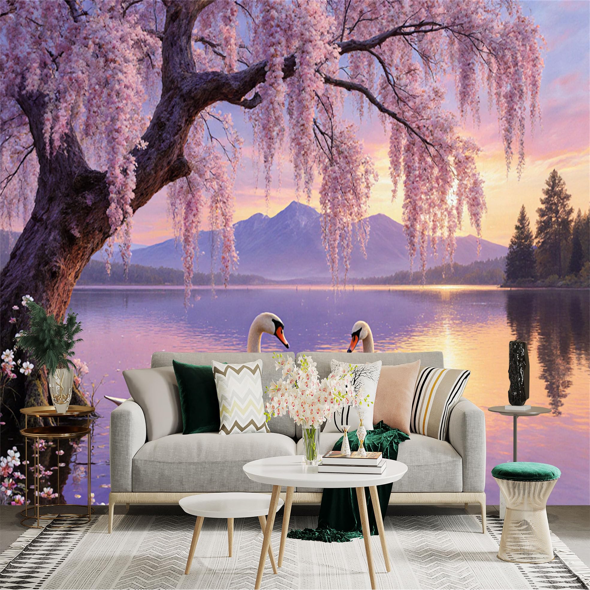 Custom Size Wall Sticker Mural， Elegant Swans on Serene Lake， Beautiful Cherry Blossom Tree， Majestic Mountain Landscape， Sunset Scenery， for wall Decoration， peelandstick wall Decals.