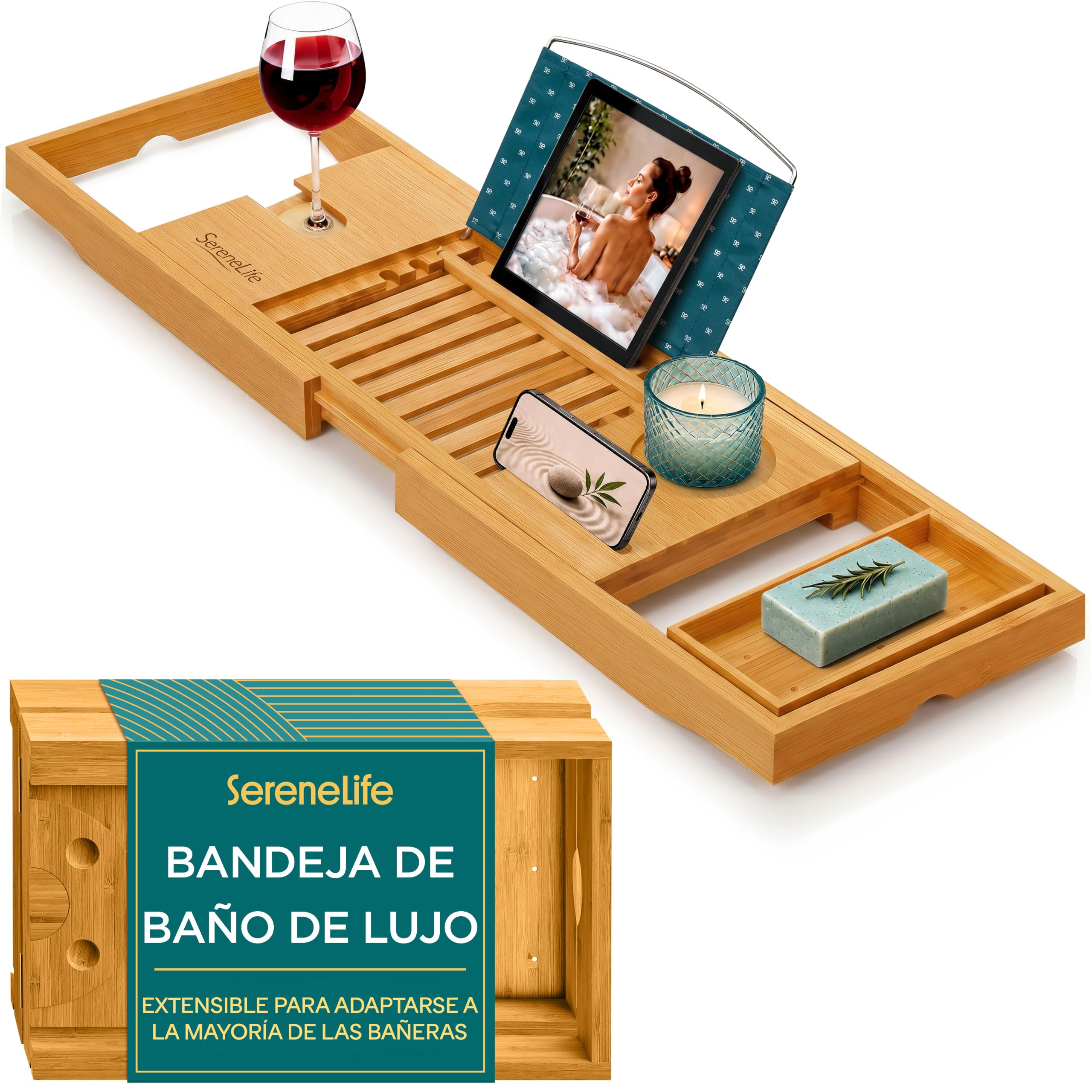 Bandeja de baño expandible de bambú SereneLife con soporte trasero