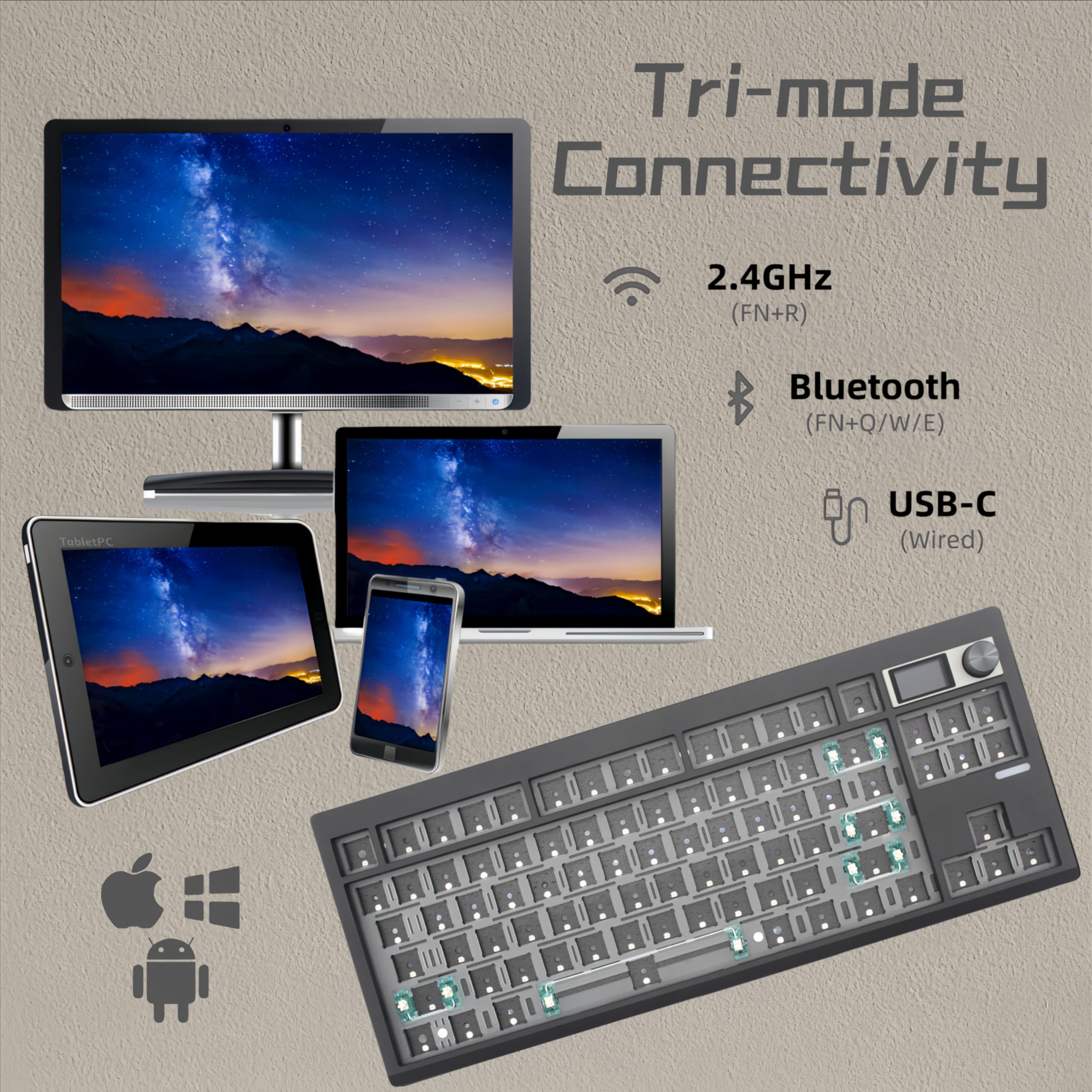 GMK87 TKL Kit de clavier mécanique trimode pour commutateurs 3/5 broches, 85 touches + bouton rotatif + écran TFT-LCD remplaçable à chaud, joint PCB, kit clavier à monter soi-même, noir