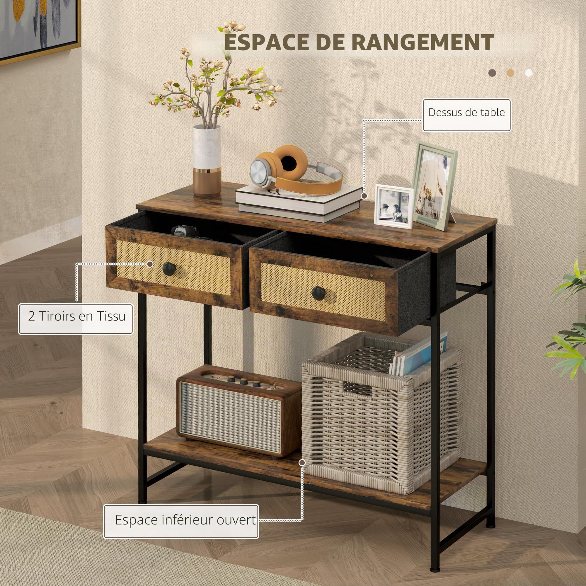 HOMCOM Table Console d'entrée 2 tiroirs 80x30x75 cm Brun Rustique