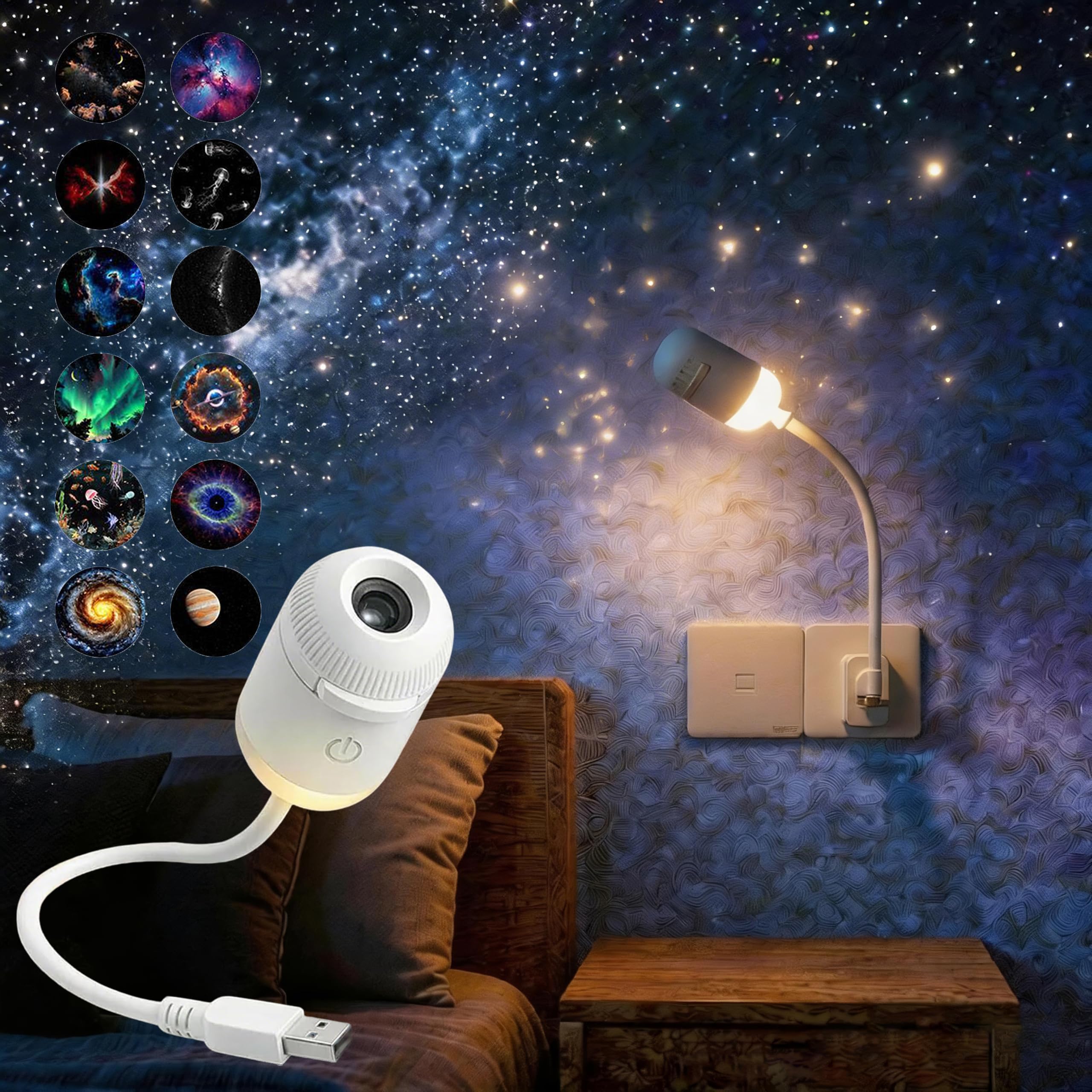 2-in-1 Galaxy Projector Night Light with 12 Projection Films,360° Rotating Starry Sky Projector,USB Galaxy Projector LED Lamp,HD Milky Way Mood Lighting for Bedroom Car,Nebula Ceiling Decor Gift