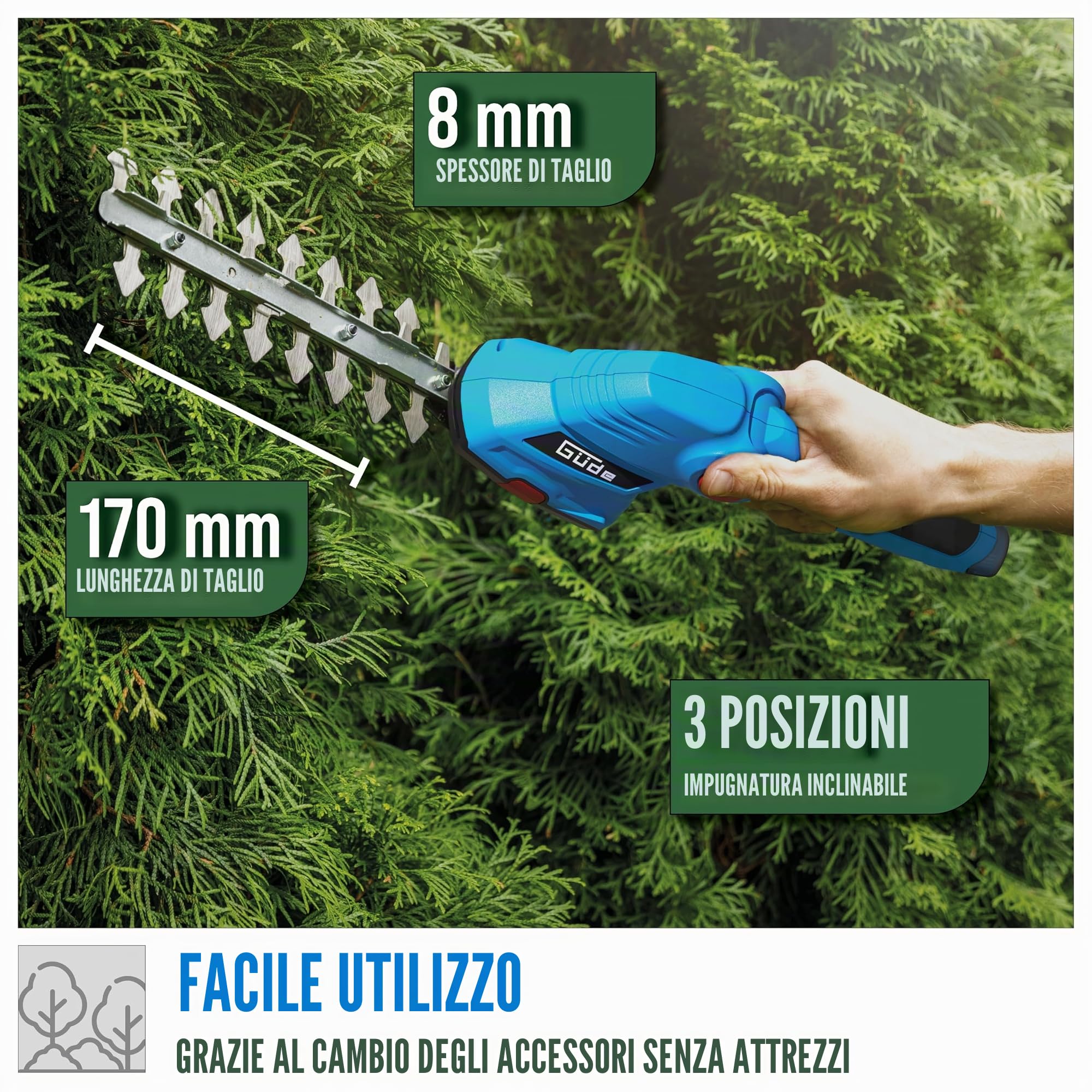 Güde Kit per la cura del giardino a batteria GPS 7,2 V-1.5 agli ioni di litio (batteria integrata 7,2 V/1,5 Ah, TÜV/GS, accessorio per cesoie per siepi e cespugli, prolunga telescopica con telaio,
