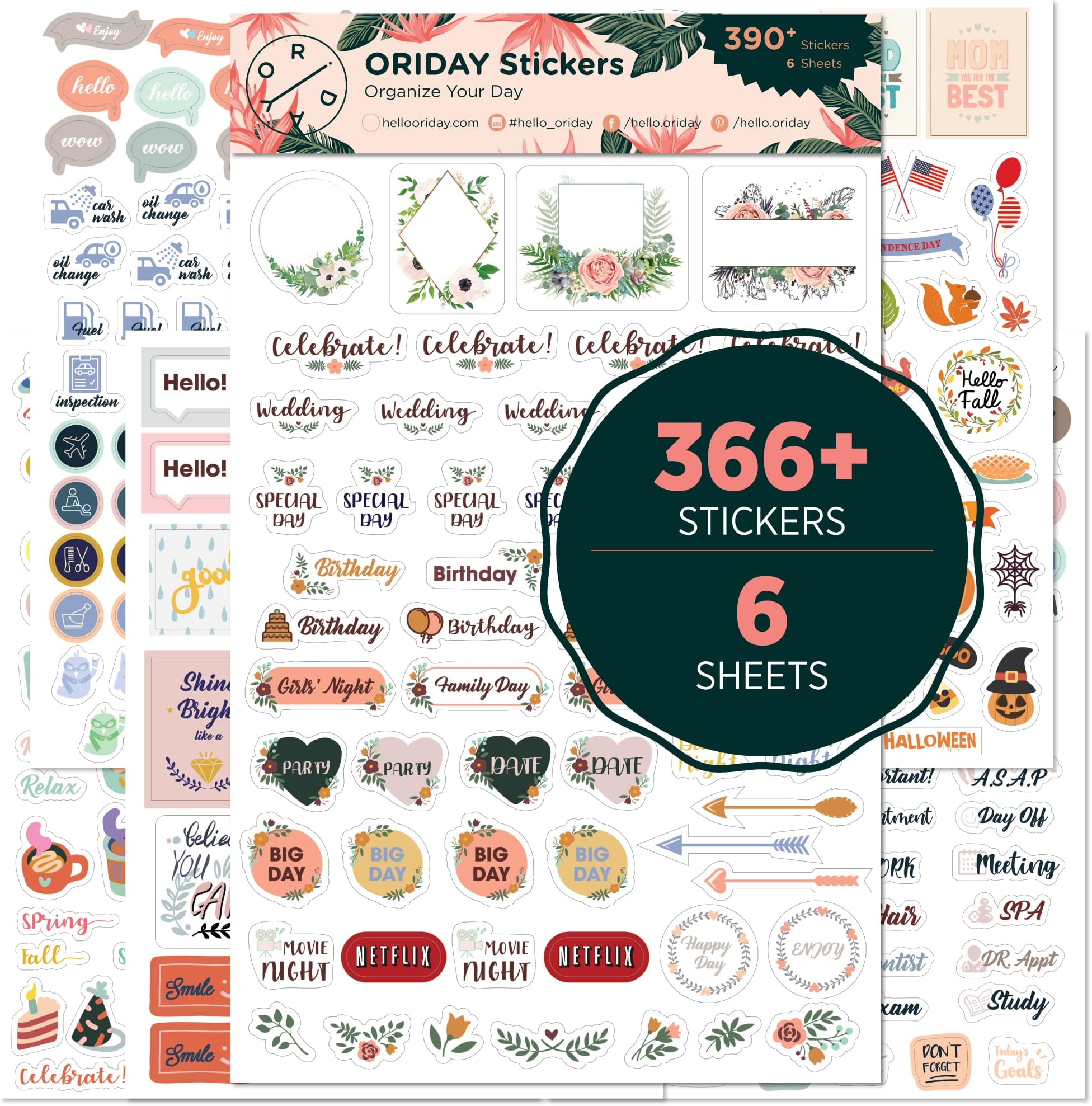 Oriday, Monthly Calendar Planner Stickers 6 Sheets, Set of 391 Stickers for Daily Life Productivity