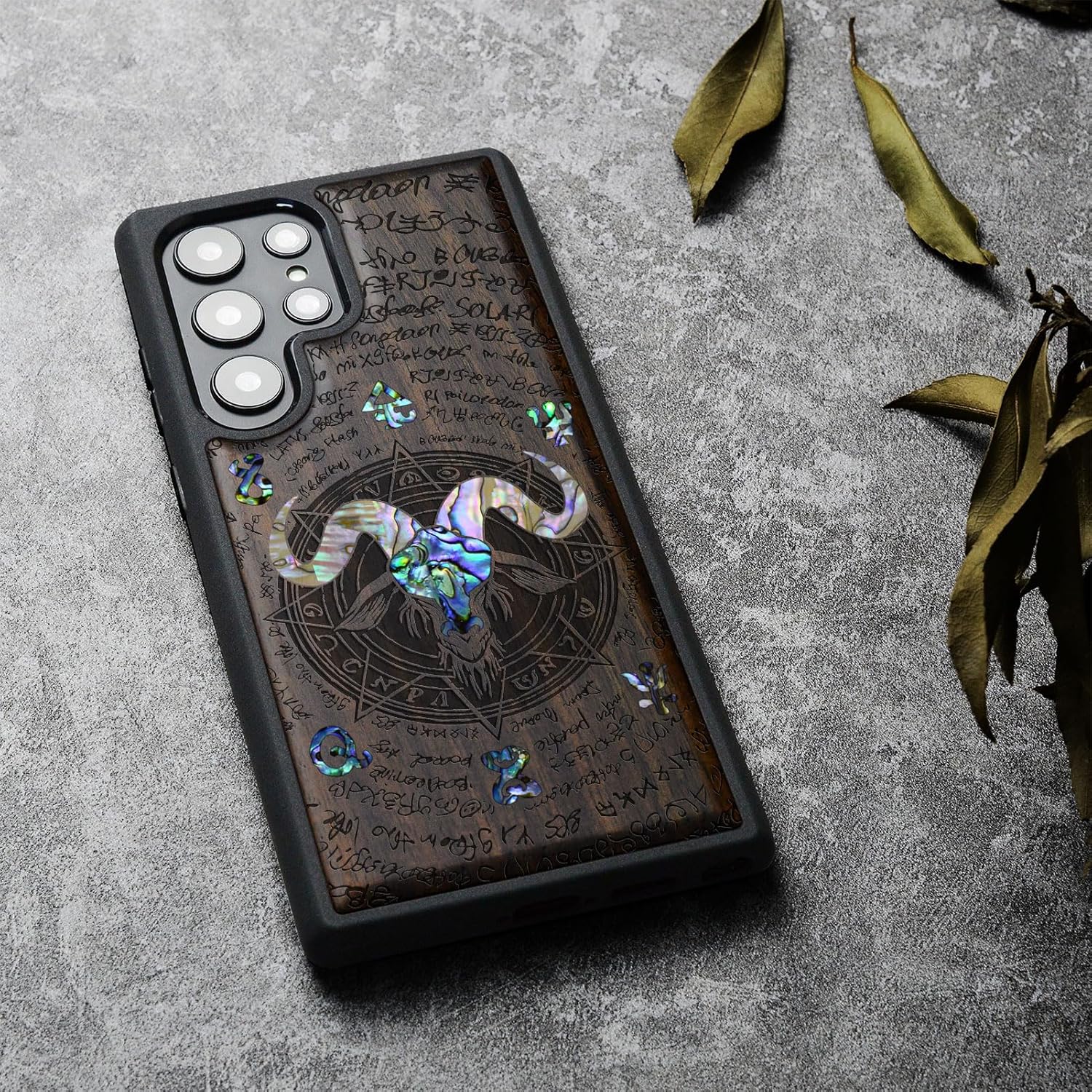 Carveit Designer Wooden Case for Samsung Galaxy S23 Ultra Cover [Wood Engraving & Shell Inlay] Compatible with Wireless Chargers S23 Ultra Case (Horned Goat-Blackwood)