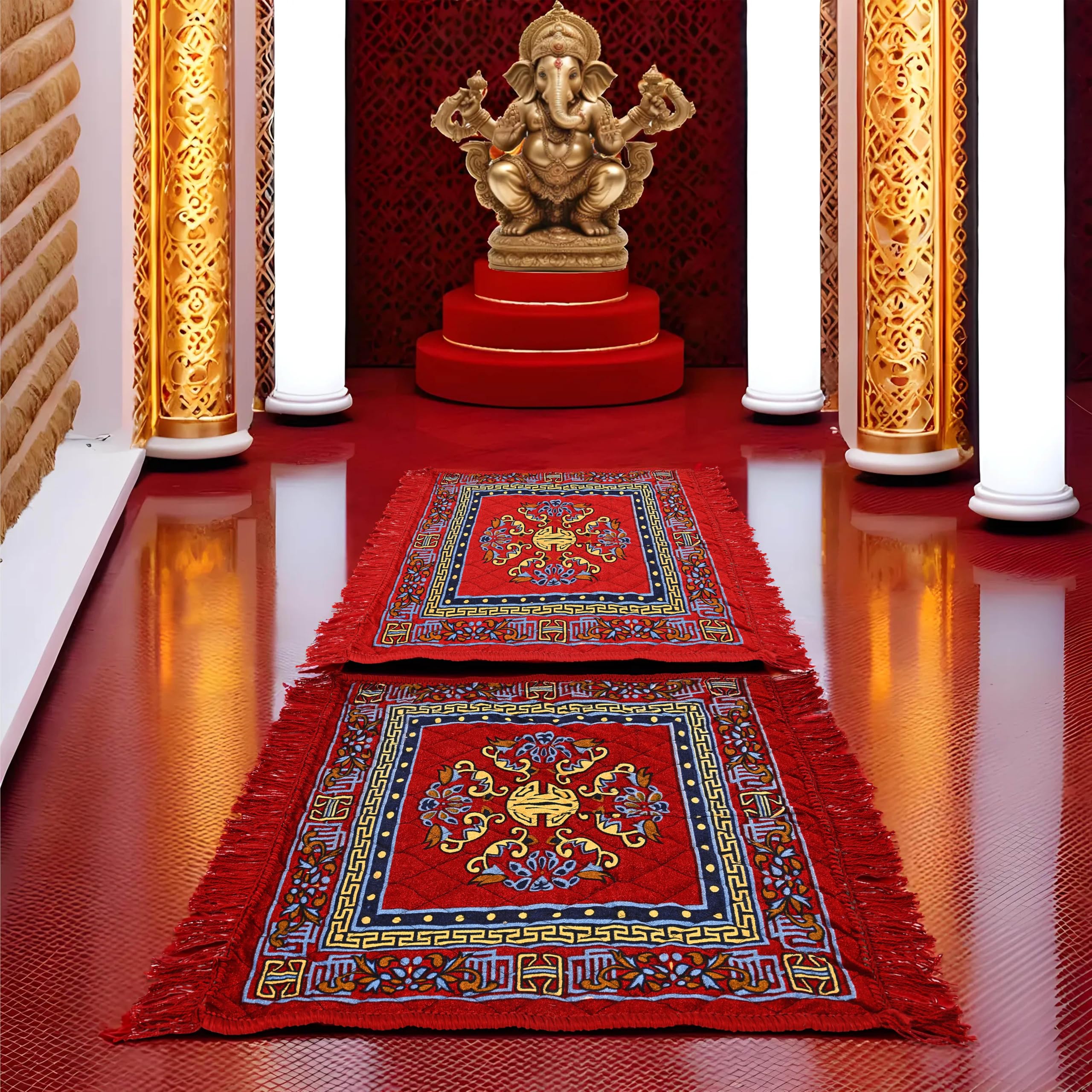 Kuber Industries (Set of 4) Traditional Asana for Puja - Soft Velvet Aasan for Pooja | Prayer | Sitting | Meditation - Small Carpet Mat Rug for Floor - (Red & Maroon Color) 4
