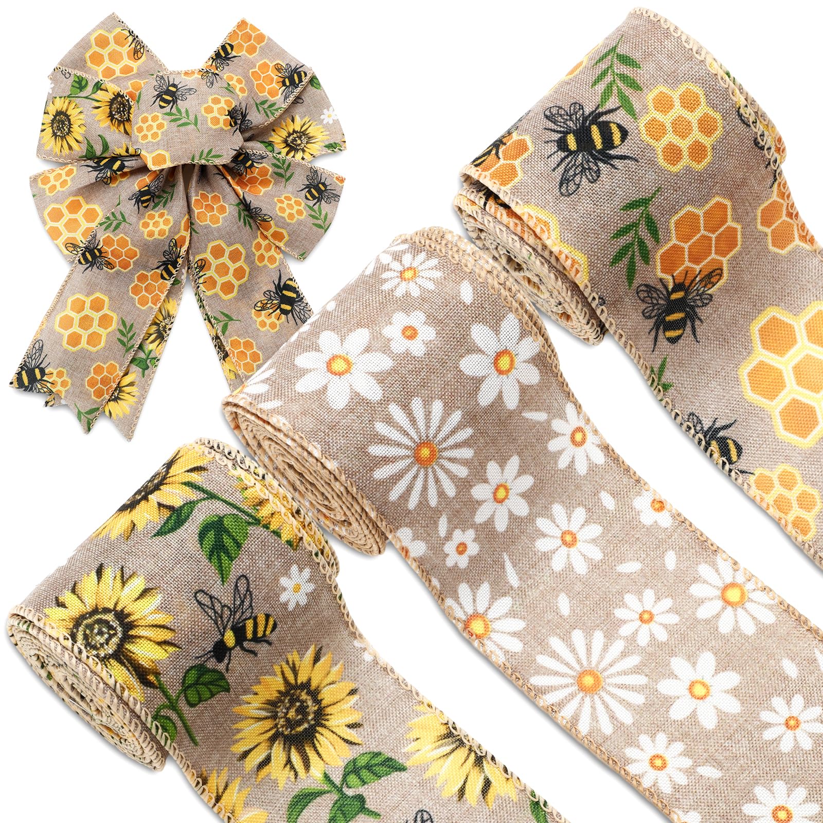FYSUIMU 3 Roll Bee Floral Wired Edge Ribbon Daisy Sunflower Bumble Fabric Ribbon Summer Yellow Satin Honeybee Wreath Craft Ribbon for Wedding Baby