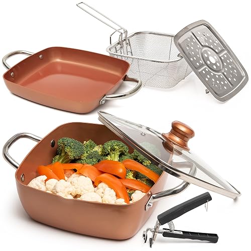 Moss & Stone 6 Pcs Copper Chef Cookware Non Stick Deep Frying Pan 9.5' x 3.5', Fry Basket, Steamer Rack, Dishwasher & Ov