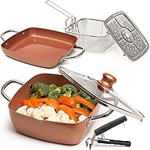 Moss & Stone Copper 6 Piece Set Chef Cookware, Non Stick Pan, Deep Square Pan, Fry Basket, Steamer Tray, Dishwasher & Oven Safe, 5 Quart Copper Pot Set, Copper Induction Cookware Set
