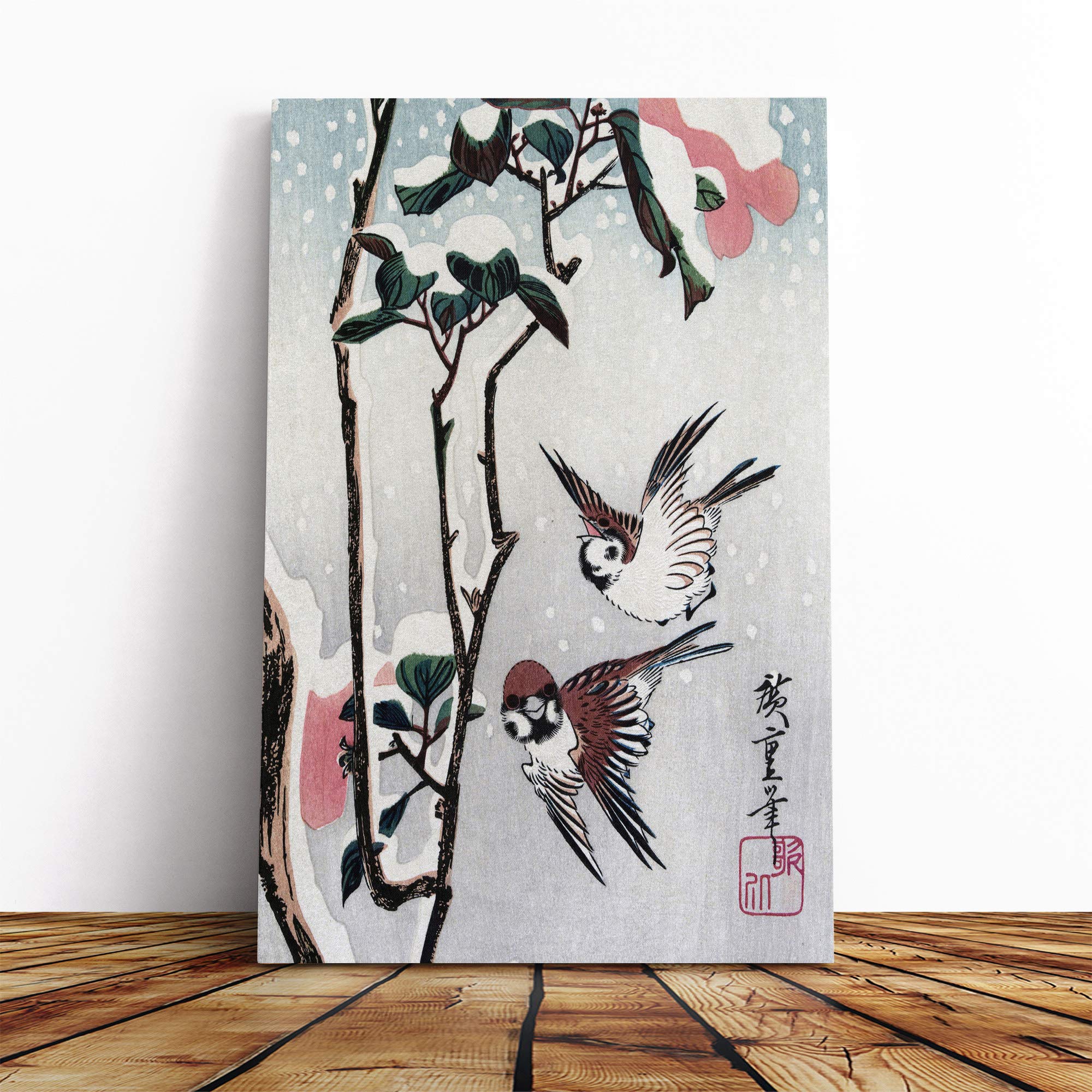 Hiroshige Japanese Oriental Sparrows and Camellias Canvas Print | Gallery Wrapped 30mm Frame Wall Art | 20x14 inches | Ready to Hang | Asian Picture | Living Room Bedroom Lounge Office